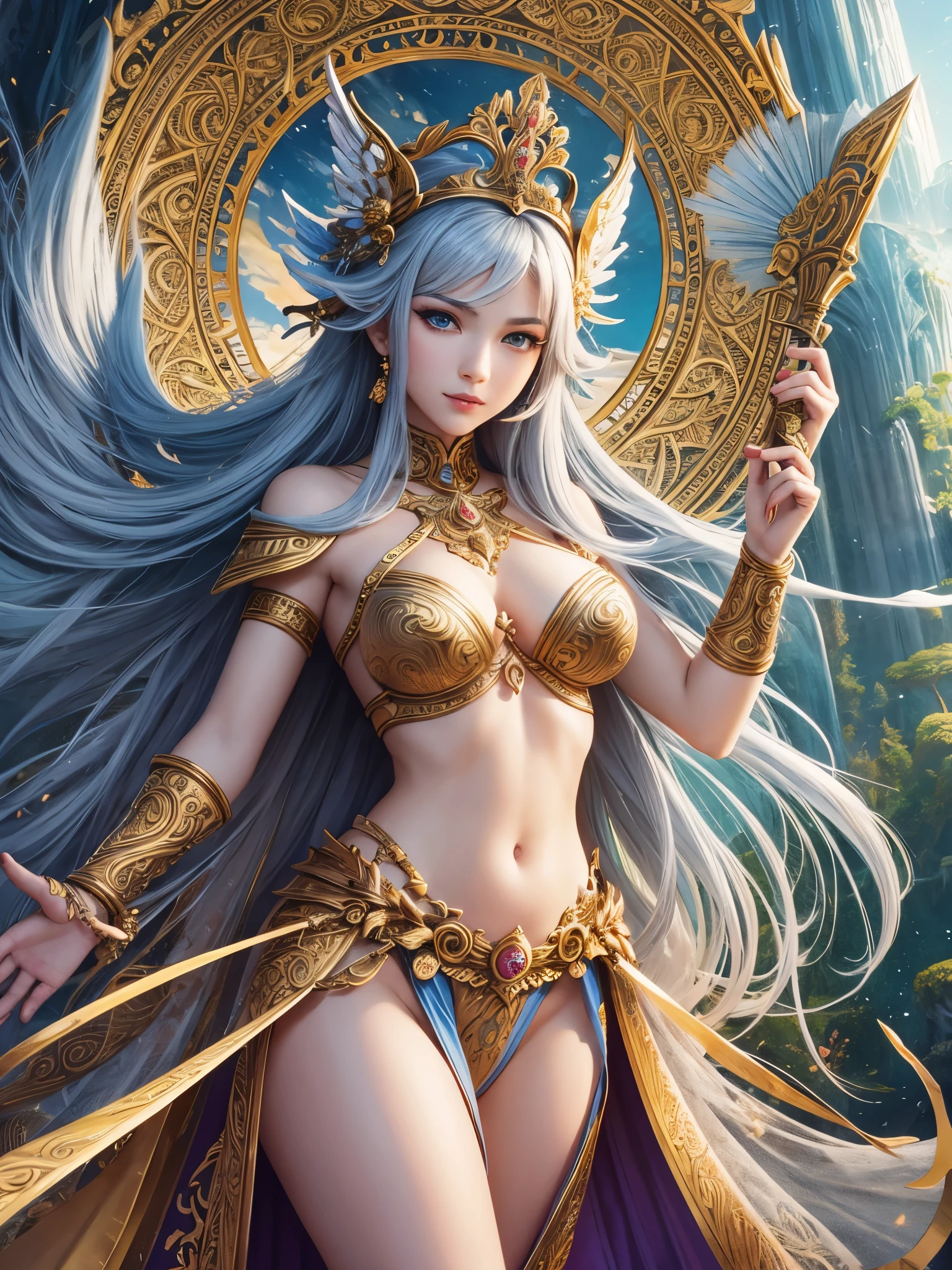 ((highest quality)),(ultra high resolution),(Super detailed),(detailed description),((best CG)),(best work of art),super precision art,amazing drawing art,(Fantasy art with precise details:1.5), (goddess of war:1.6),elaborately crafted weapons:1.8,