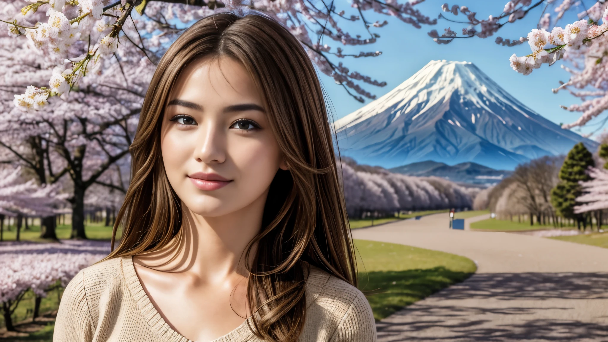 masterpiece, Best Quality, Photorealistic, Ultra-detailed, finely detailed, High resolution, 8K Wallpaper, 1 beautiful woman, light brown hair, sharp focus, Perfect dynamic composition, Beautiful detailed eyes, detailed hairs, Detailed realistic skin texture, Smiling, portrait, Model body type, Take a walk in the park with cherry blossoms and Fuji mountain background,