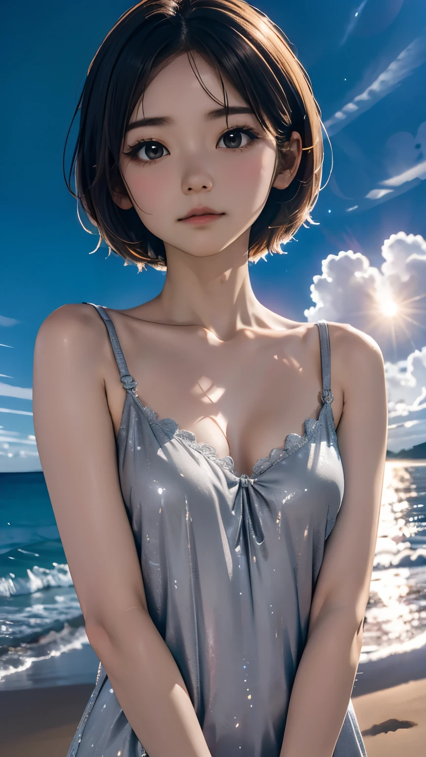 one girl、small face、cute face、ash gray hair:1.5、bob hair、short hair、camera&#39;s line of sight、small breasts、An ennui look、(((camisole、dress)))、particles of light、sea of sunset、calm sea、white sand beach、very beautiful sunset、RAW photo、highest quality、High resolution、High resolution、masterpiece:1.3、８ｋ、１２ｋ、professional photographer、