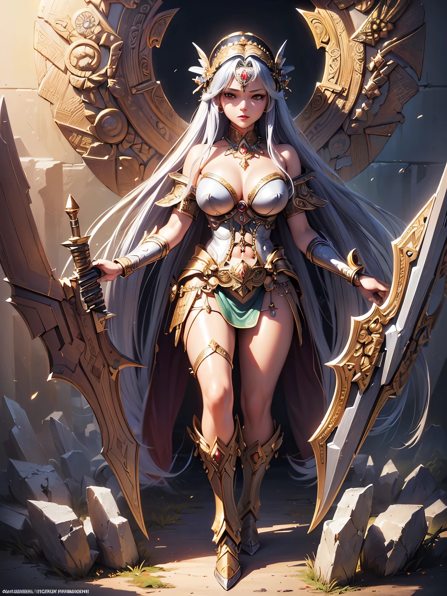 ((highest quality)),(ultra high resolution),(Super detailed),(detailed description),((best CG)),(best work of art),super precision art,amazing drawing art,(Fantasy art with precise details:1.5), (goddess of war:1.6),elaborately crafted weapons:1.8,