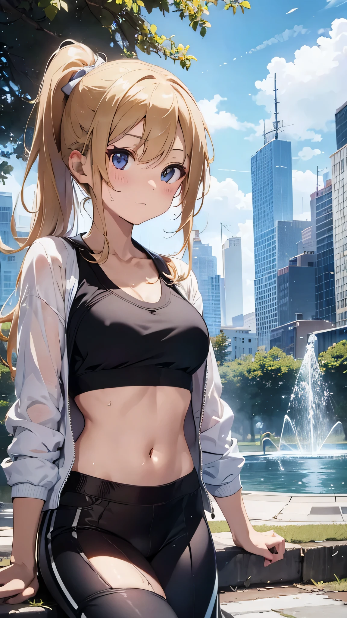 最high quality、best image quality、masterpiece、age girl((20-year-old、 By becoming、vest bust、medium bust,wide open breast tea、shining eyes, blonde hair、long hair、thin,highest valley、ponytail、white sports pants、white sports bra、sweating、scattering of sweat、Flushed body、black jacket、sit、gameplay)),high quality、beautiful art、background((fountain park、fountain square、bright sky))debris flies、Depth of written boundary、movie、visual art、perfect art、8k,genuine、