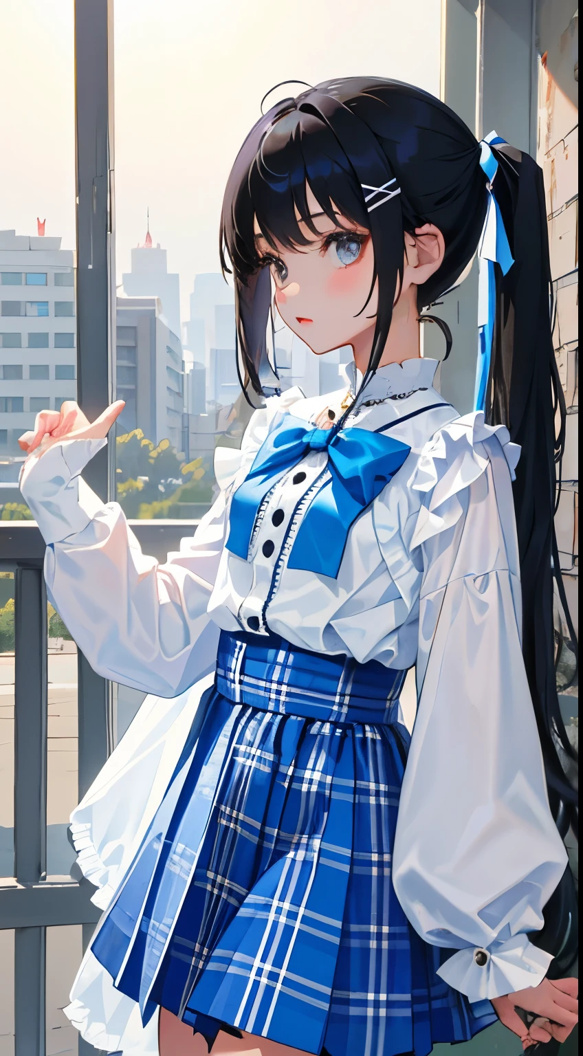 (short cute girl,small young student,young delicate girl),(masterpiece,Top quality),long sleeve blouse,white skirt with light blue plaid pattern,long black hair, twin tails