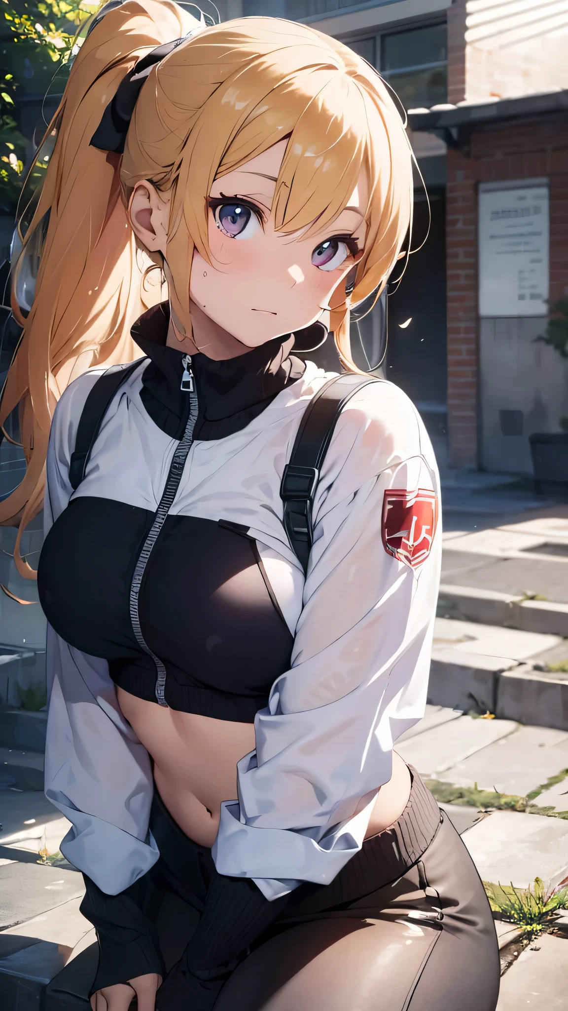 最high quality、best image quality、masterpiece、age girl((20-year-old、 By becoming、vest bust、medium bust,wide open breast tea、shining eyes, blonde hair、long hair、thin,highest valley、ponytail、white sports pants、white sports bra、sweating、scattering of sweat、Flushed body、black jacket、sit、gameplay)),high quality、beautiful art、background((fountain park、fountain square、bright sky))debris flies、Depth of written boundary、movie、visual art、perfect art、8k,genuine、