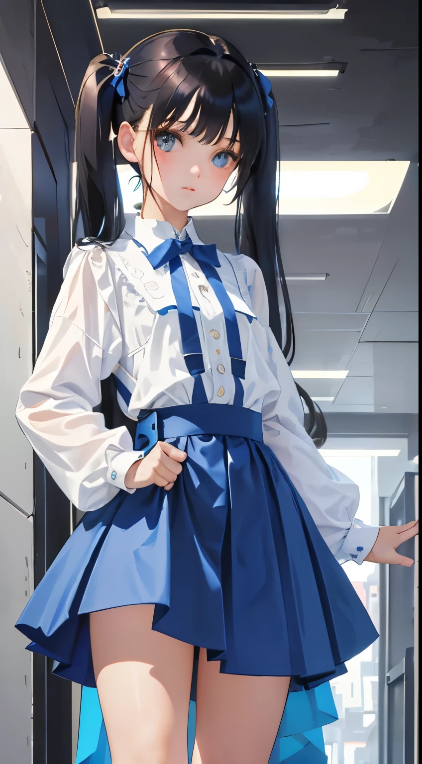 1girl, (masterpiece:1.1), (best quality:1.1), (white blouse:1.1), (plaid skirt:1.1), school uniform, high-waisted skirt, break [blue:pink:0.5] theme, (gradient background:1.1), cowboy shot, break colored hair, long hair, green eyes, delicate headdress, look to the side ,