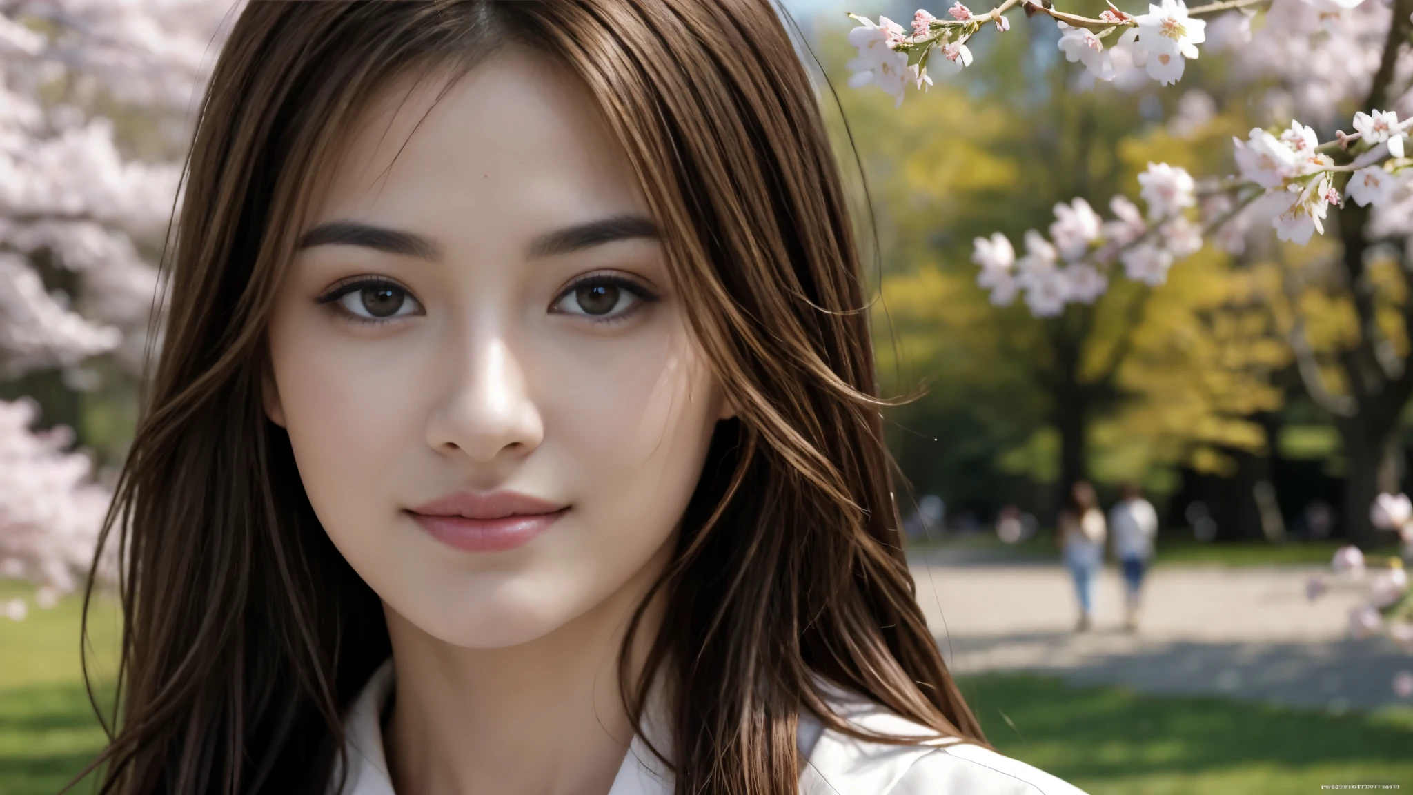 masterpiece, Best Quality, Photorealistic, Ultra-detailed, finely detailed, High resolution, 8K Wallpaper, 1 beautiful woman, light brown hair, sharp focus, Perfect dynamic composition, Beautiful detailed eyes, detailed hairs, Detailed realistic skin texture, Smiling, portrait, Model body type, Take a walk in the park with cherry blossoms and Fuji mountain background,