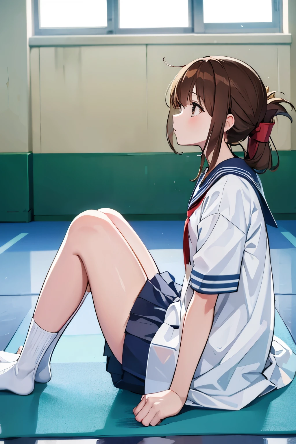 A girl in a sailor suit and a miniskirt who is not feeling well is sitting on the floor of the gymnasium and observing the class.、(masterpiece, best quality:1.2),illustration,8k,hd,1girl,solo,upper body,(portrait:1.2),brown_hair,folded_ponytail,brown_eyes,serafuku,long_hair,school_uniform,skirt,pleated_skirt,