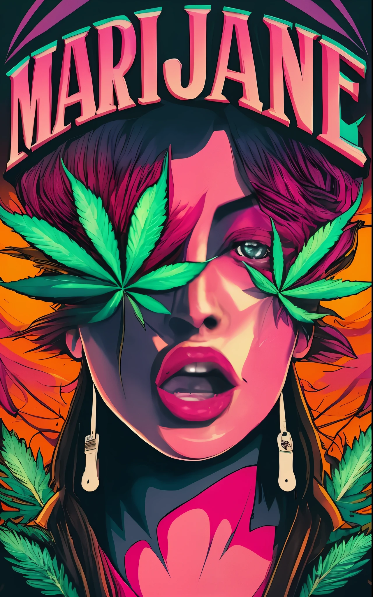 text "Mary Jane", A closeup of a woman with a  leaf on her head, personification of , Jen Bartel, maconha!, Tema Maconha, in illustration style digital, inspirado por Mary Jane Begin, extremely high quality artwork, matte digital illustration, Maria Jane, asymmetrical , maconha, Arte Digital. @mariomaniacdude, erva daninha, paranoia da , green hair, floating hair, glowing eyes, star-shaped pupils, rabbit ears, smelling, glowing light, backlighting, first-person view, wide shot, Ultra-Wide Angle, Sony FE, masterpiece, ccurate, anatomically correct, textured skin, high quality, high details, super detail, highres, HD, 4K, 8k, 16k
