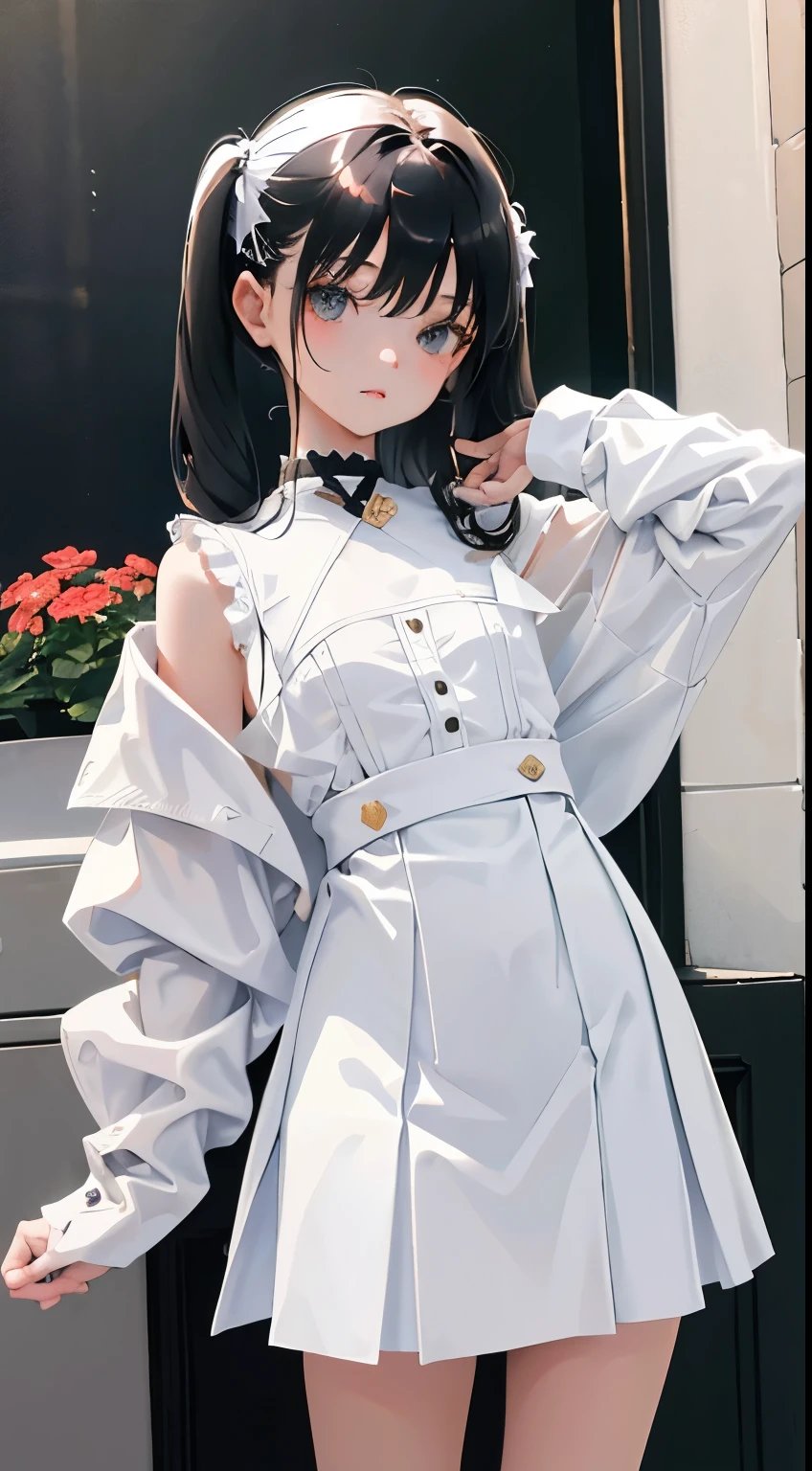 (short cute girl,small young student,young delicate girl),(masterpiece,Top quality),long sleeve blouse,white skirt with white plaid pattern,long black hair, twin tails