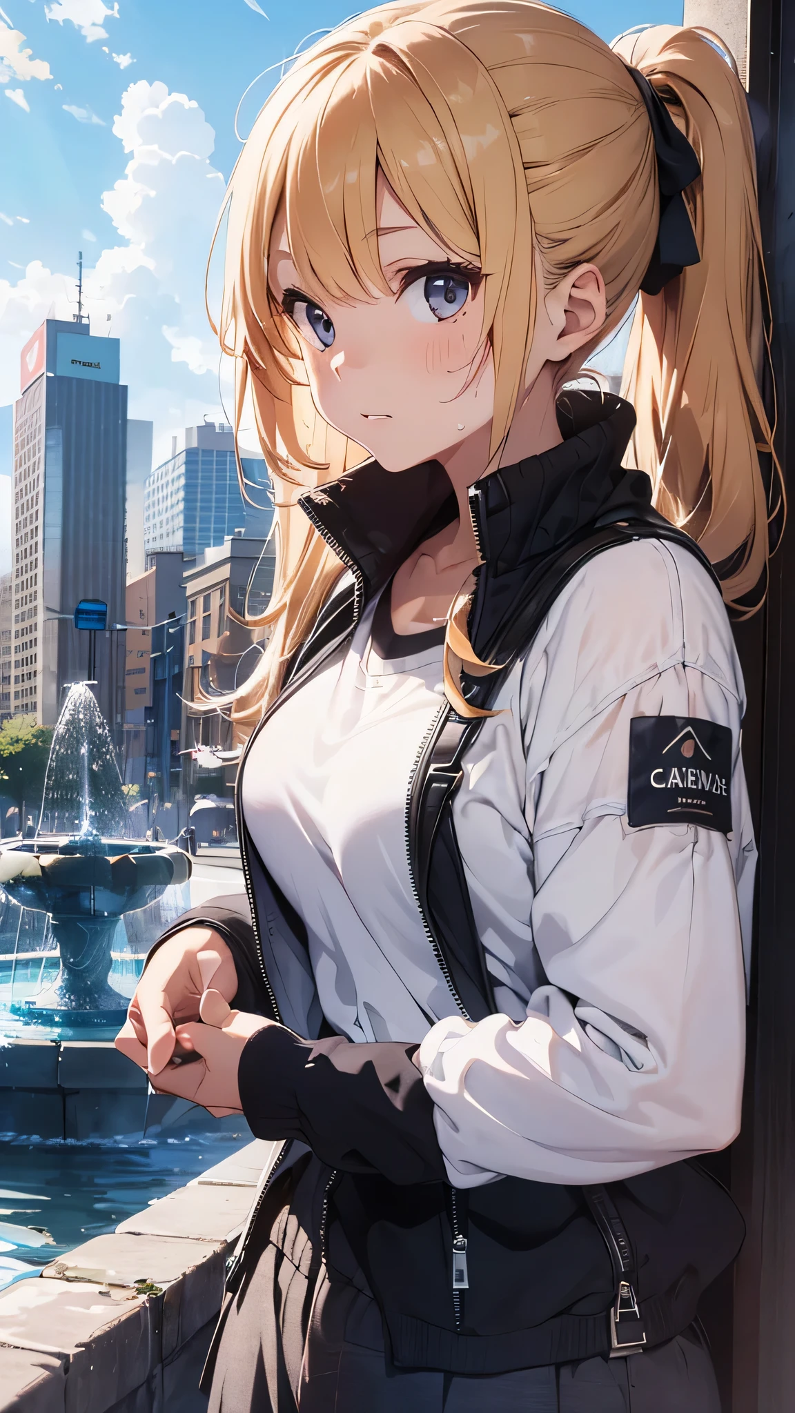 最high quality、best image quality、masterpiece、teenage girl((20-year-old、 By becoming、vest bust、medium bust,wide open breast tea、shining eyes, blonde hair、long hair、thin,highest valley、ponytail、white sports pants、white sports bra、sweating、scattering of sweat、Flushed body、black jacket、sit、gameplay)),high quality、beautiful art、background((fountain park、fountain square、bright sky))debris flies、Depth of written boundary、movie、visual art、perfect art、8k,genuine、