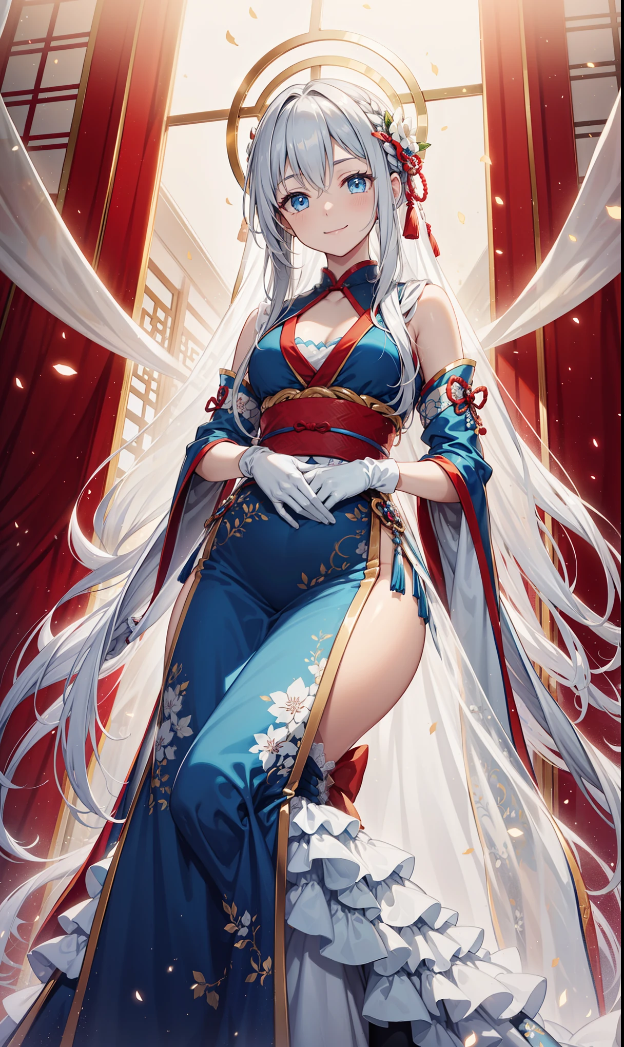 a beautiful young woman with long Silver Hair, blue eyes, and refined, elegant expression, Wearing transparent, Colorful Hanfu,, Sophisticated design, Black Gloves, And elegant accessories such as lace, Carved pattern, and stockings, Standing elegantly in an ancient Chinese palace at night, (best quality,4K,8K,high resolution,masterpiece:1.2),Extremely detailed,(Practical,photoPractical,photo-Practical:1.37),Extremely detailed的脸部和眼睛,Beautiful and delicate eyes,Beautiful and delicate lips,Extremely detailed eyes and face,Long eyelashes,Very exquisite clothing and accessories,Movie Lighting,Dramatic and romantic atmosphere,Elegant Posture,Tender feelings,Love and intimacy,(Transparent colored Hanfu,Exquisite and luxurious design:1.1),Black Gloves,Silver Hair,blue eyes,Transparent dress,Exquisite hair accessories,Transparent lace,Carved pattern,Dress nicely,Interior of an ancient Chinese palace,Night view,Show your thighs,Pantyhose