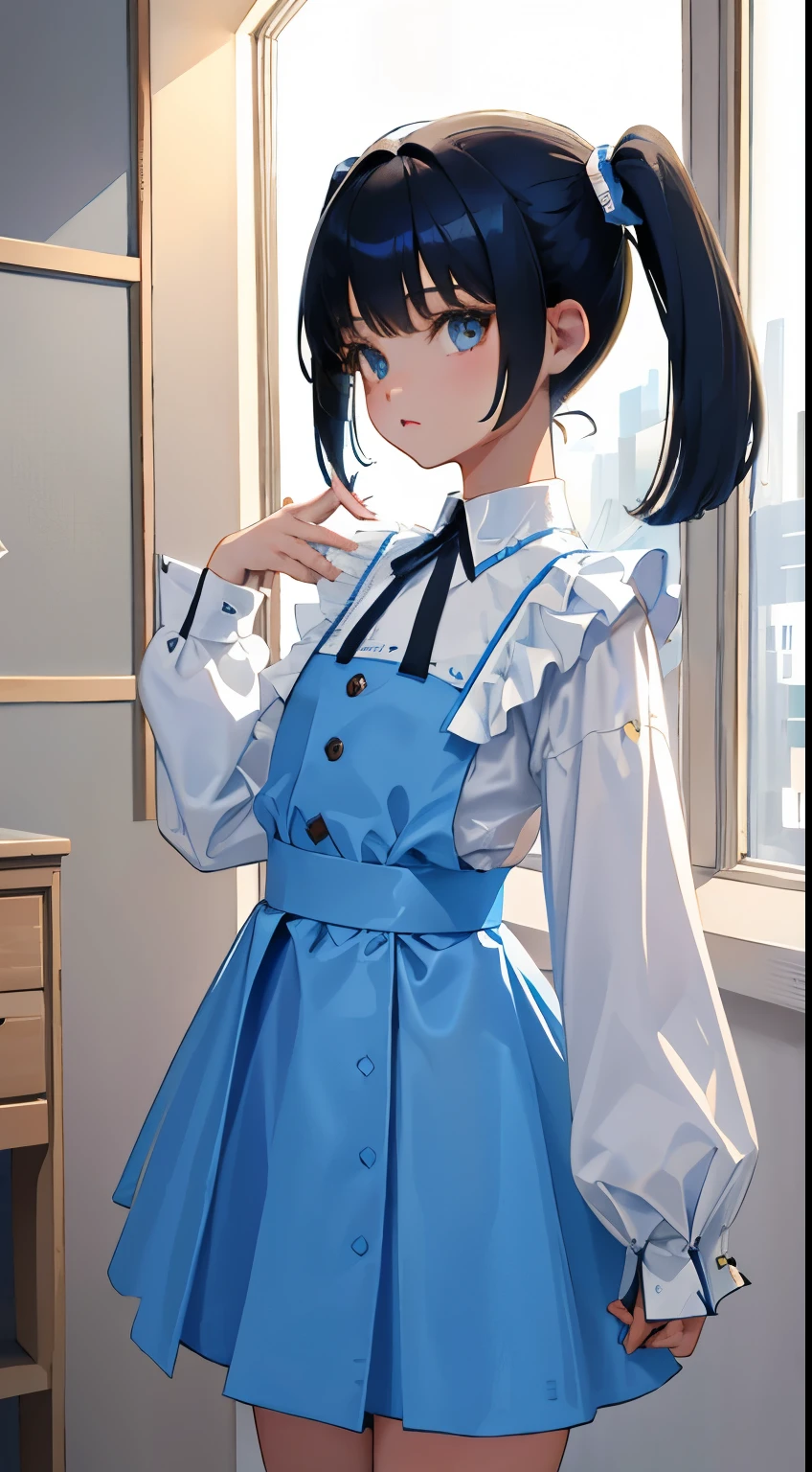 (short cute girl,small young student,young delicate girl),(masterpiece,Top quality),long sleeve blouse,Light blue skirt with white check pattern,race,long black hair, twin tails