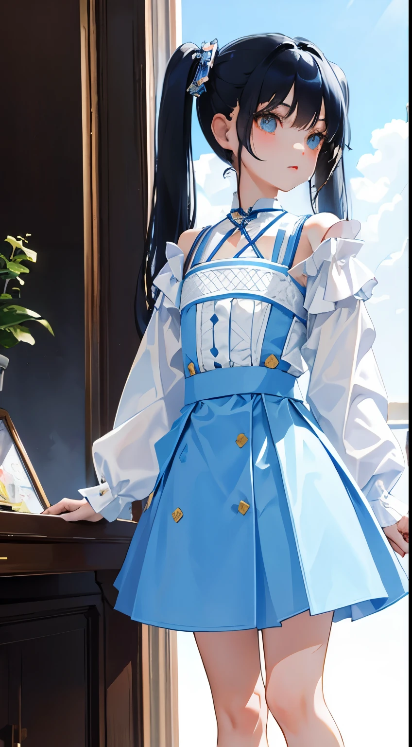 (short cute girl，small young student，young delicate girl）,（masterpiece，Top quality)，long sleeve blouse，Light blue skirt with white check pattern，race，long black hair, twin tails