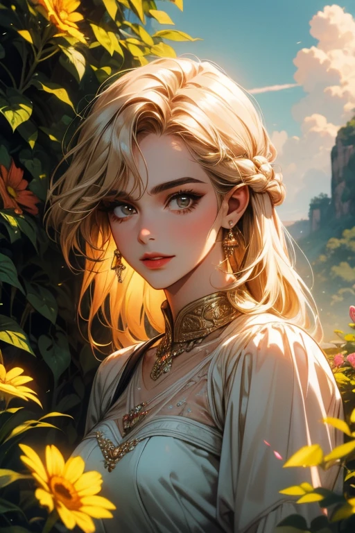 lush greenery, gentle breeze, vibrant flowers, sunlit scenery, joyful expression, detailed features, fine brushstrokes, realistic lighting, artistic flair, high-resolution art.