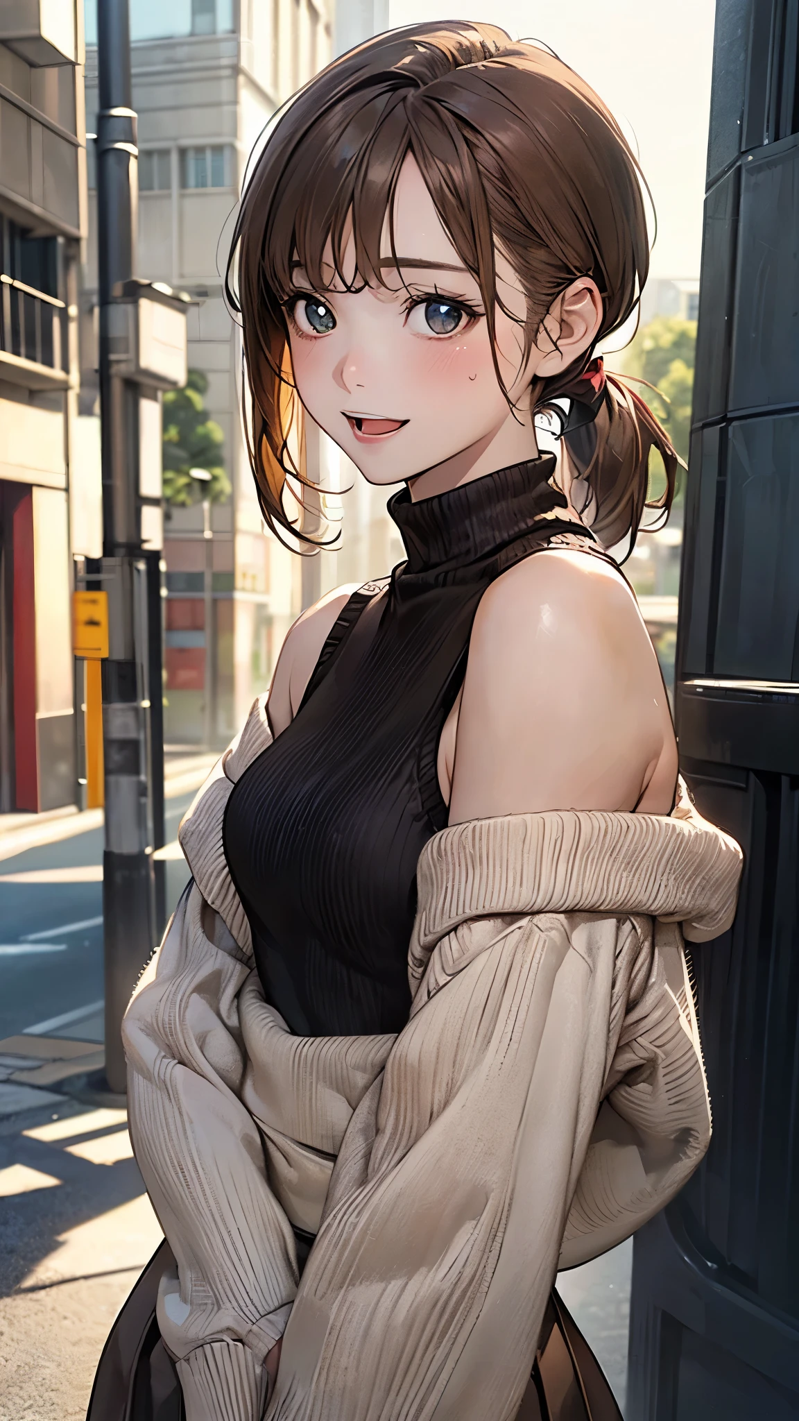 (masterpiece:1.2, top-quality), (realistic, photorealistic:1.4), beautiful illustration, (natural side lighting, movie lighting),
looking away, (face focus, upper body, from below), 1 girl, japanese, high school girl, , perfect face, perfect body, cute and symmetrical face, shiny skin, babyface, tiny,
(short hair:1.5, (low ponytail):1.6, long sideburns, light brown hair), asymmetrical bangs, dark blue eyes, big eyes, drooping eyes, (middle breasts, seductive thighs, big ass),
beautiful hair, beautiful face, beautiful detailed eyes, beautiful clavicle, beautiful body, beautiful chest, beautiful thigh, beautiful legs, beautiful fingers,
((off-shoulder light brown sweater, sleeveless black turtleneck sweater, brown tight mini skirt, ), emerald green hair ribbon),
(beautiful scenery), evening, (street), standing, (lovely smile, upper eyes, open mouth),