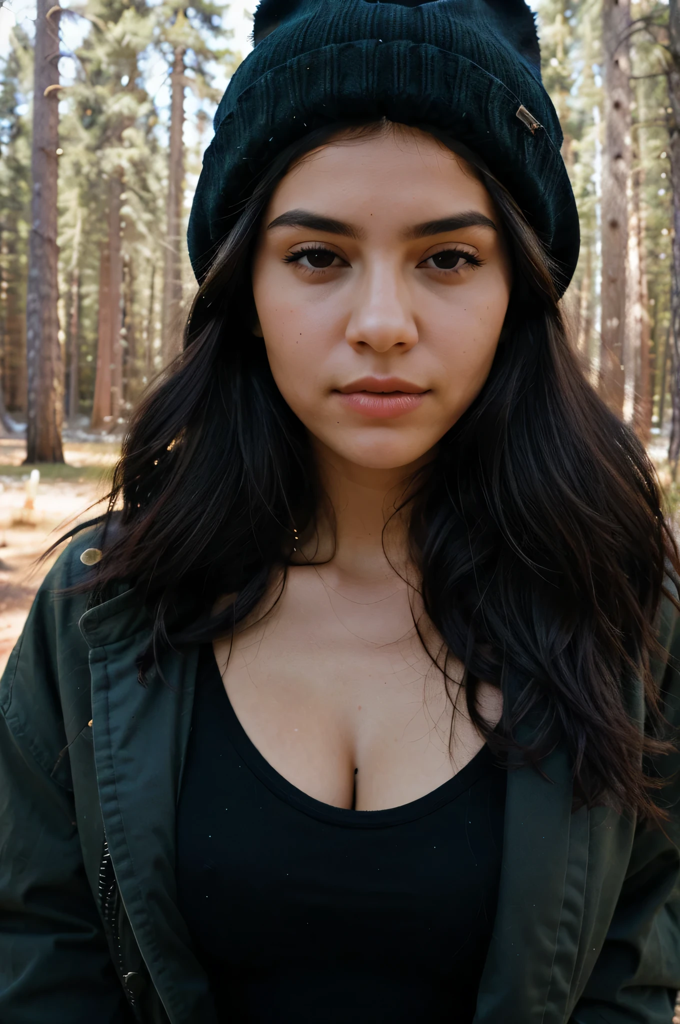 "Create a portrait of a woman with a sympathetic expression and textured skin, covered in goosebumps.. She should wear her black hair half up., halfway down and put on a faux fur parka, skinny jeans and beanie. The background should be a group of majestic ancient redwood trees., causing a feeling of admiration and awe. eyes must be perfect, lighting is dim (1:4 ratios of light and shadow), color palette should be Velvia 100., shooting on Cinestill 800T. The desired effect is sharp focus on the subject..."