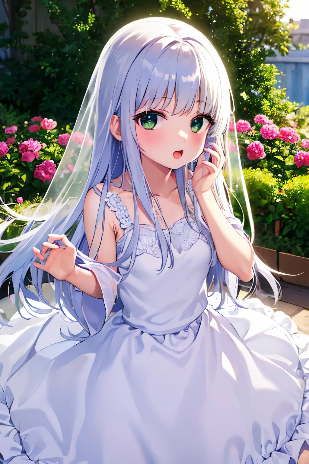 Cabello largo plateado, ojos verdes, wedding dress, white clothes, flat breast, sonrisa, happy, muslos hermosos, garden, deshabitado, fellatio gesture