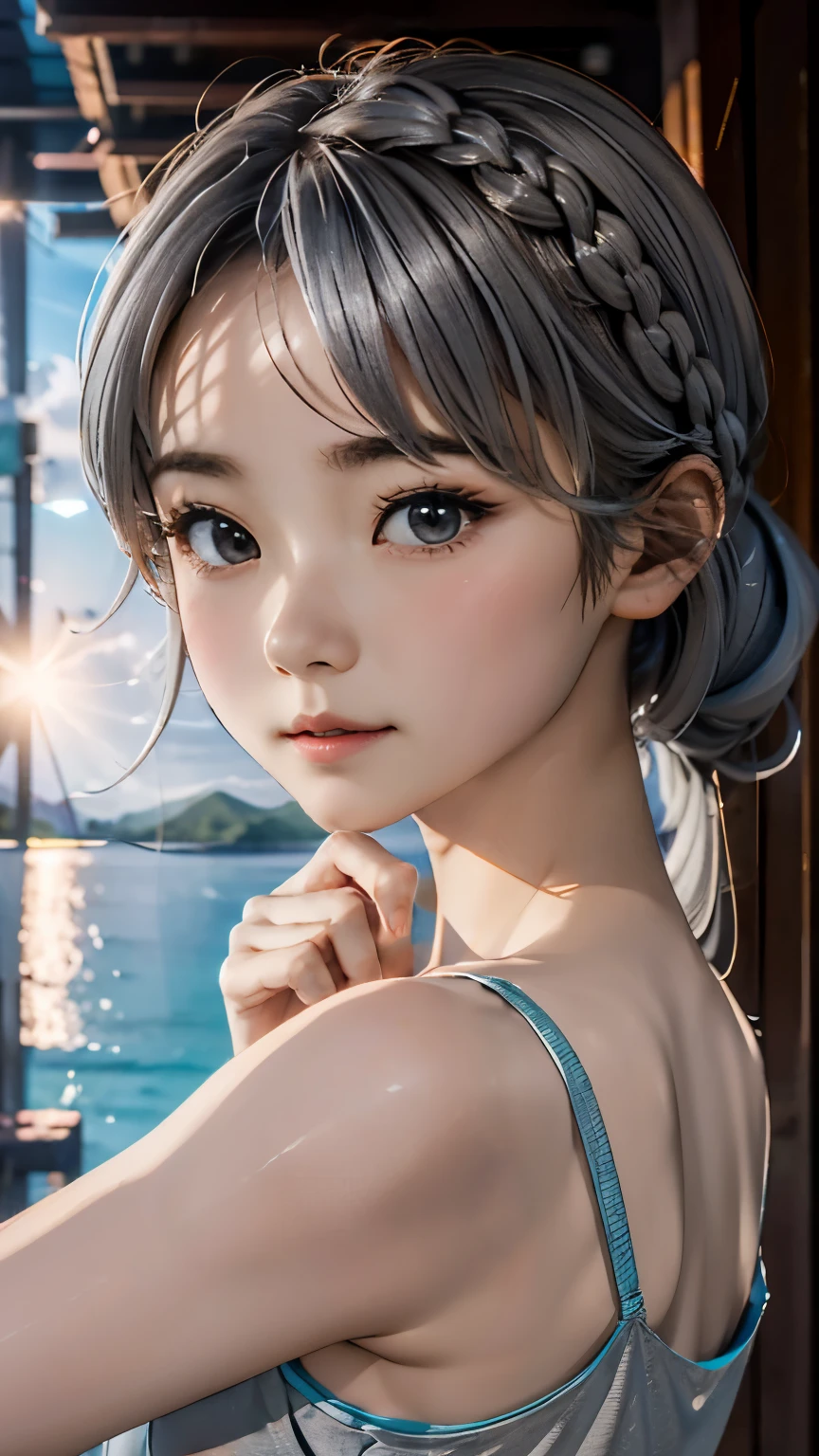 one girl、 face、cute face、(((ash gray hair:1.2)))、long hair、french braid、camera&#39;s line of sight、small breasts、An ennui look、(((light blue camisole、dress)))、particles of light、sea of sunset、calm sea、white sand beach、very beautiful sunset、RAW photo、highest quality、High resolution、High resolution、masterpiece:1.3、８ｋ、１２ｋ、professional photographer、