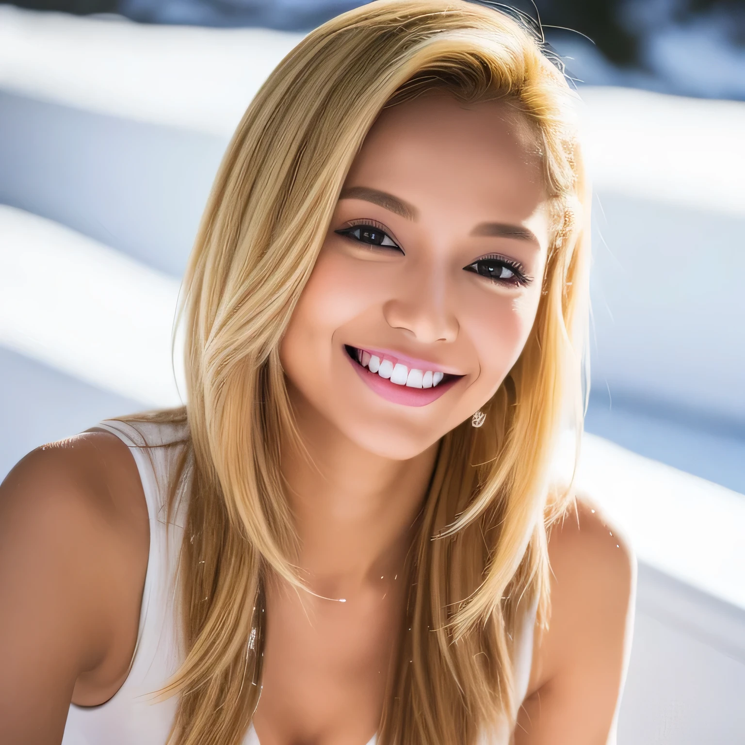 underboob, woman, cropped-fc, braless, bodycon shirt, bodycon skirt, vivid blonde hair, close-up portrait of beautiful smiling woman, snow-covered mountain, 23 years indian women, cute smile, realistic, 4K, Superb quality, 23 years indian women, cute smile, realistic, 4K, Superb quality