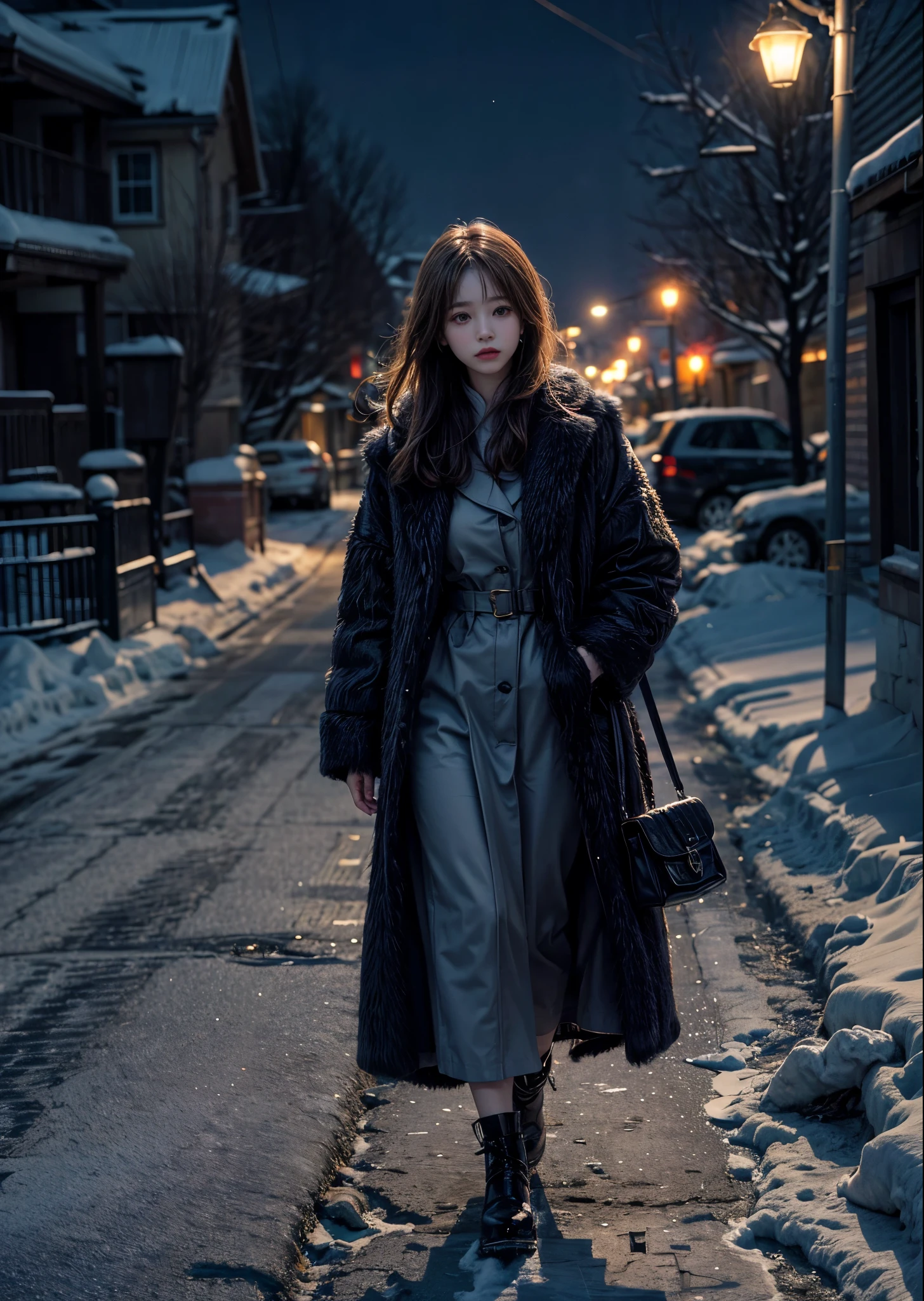 A woman is walking towards me on a wide snow-covered street.、she is wearing a fur coat、There is a full moon in the night sky、There are many stars shining in the night sky、wide street with no one around、The outside lights are on、perfect lighting、sharp focus、high detail、High level image quality、High color rendering、High resolution、surreal、photo-realistic