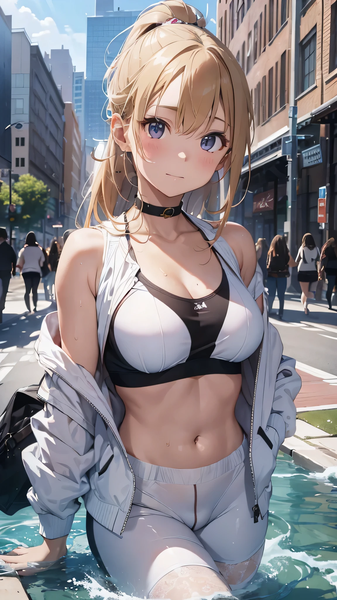 ((Highest quality, High resolution, masterpiece, detailed)),
Cowboy Shot, Written boundary depth, View your audience, Anatomically correct, １people, woman, Perfect Face, Cute and symmetrical face, Shiny skin,
(Medium Hair, Platinum Blonde Hair), Chestnut brown eyes, (Large Breasts:0.8),
The finest details, Beautiful Hair, Beautiful Face, See-through nipples, Beautiful body, Beautiful breasts, Beautiful belly button, Abdominal muscles, Beautiful thighs, Beautiful feet,
(Sleeveless high neck crop top, Denim shorts), (Black side string panties),
(Beautiful views), summer, Tree-lined street, (blush),