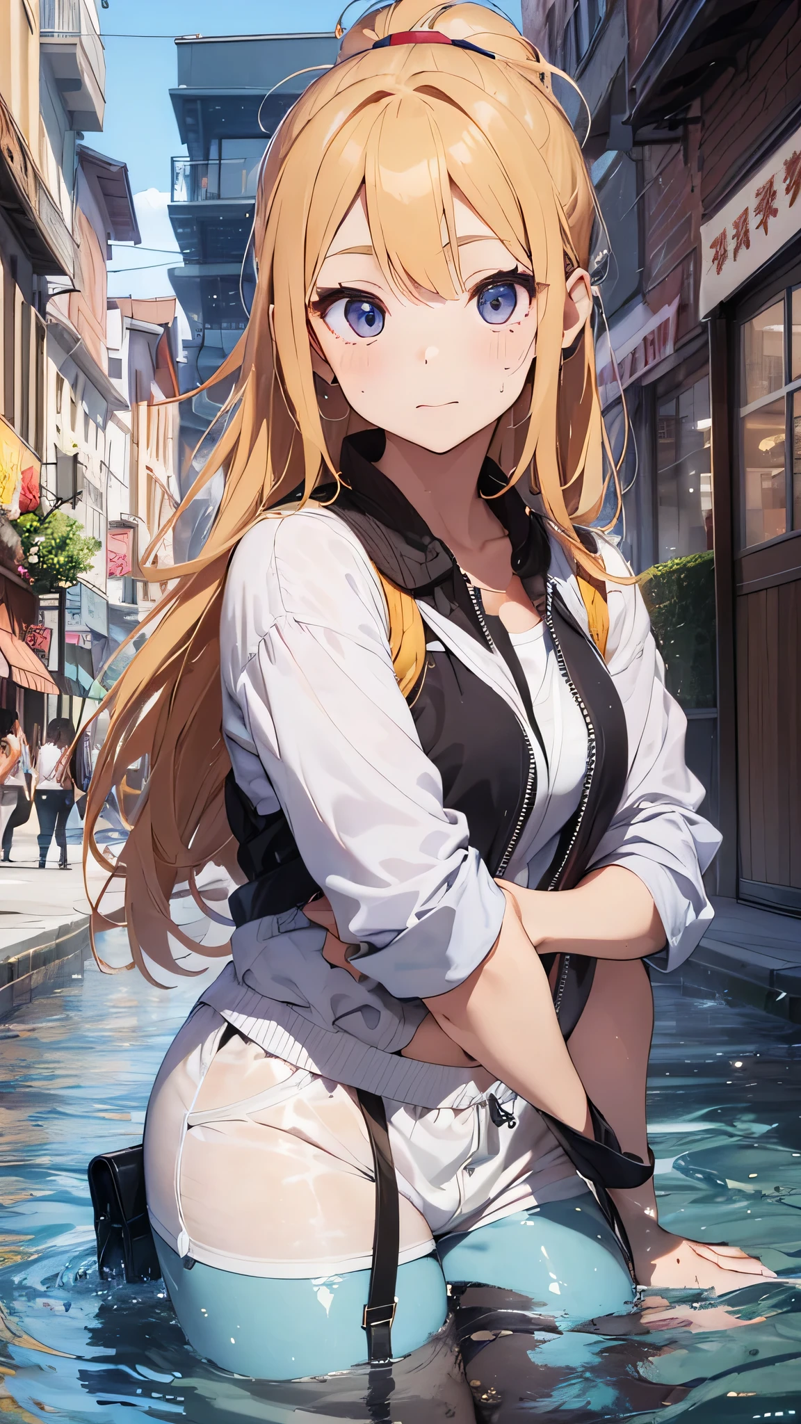 最high quality、best image quality、masterpiece、age girl((20-year-old、 By becoming、vest bust、medium bust,wide open breast tea、shining eyes, blonde hair、long hair、thin,highest valley、ponytail、white sports pants、white sports bra、sweating、scattering of sweat、Flushed body、black jacket、Playing with dogs)),high quality、beautiful art、background((fountain park、fountain square、bright sky))debris flies、Depth of written boundary、movie、visual art、perfect art、8k,genuine、