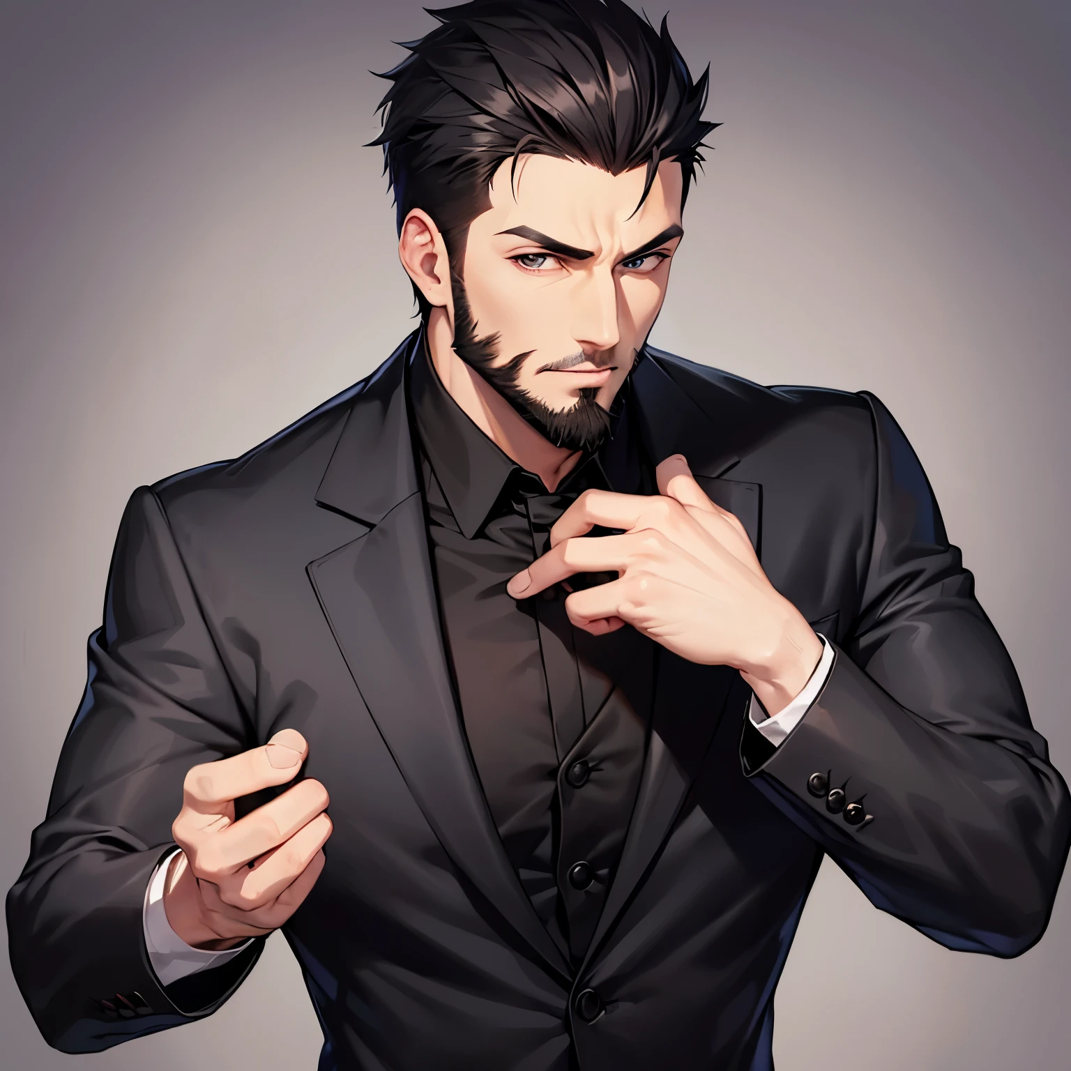 perfect face, handsome man, black suit with black shirt, black butch haircut,black balbo beard style, brown eyes,anime