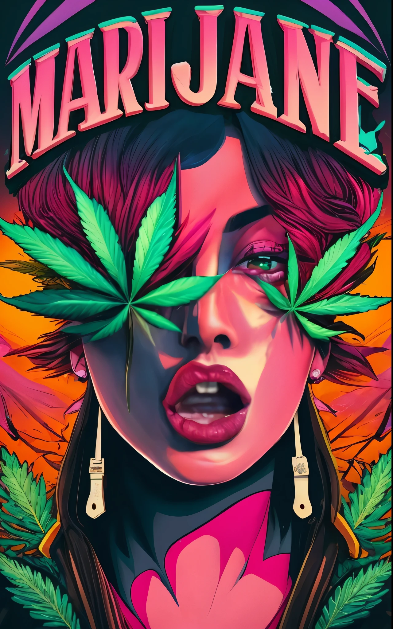 A closeup of a woman with a marijuana leaf on her head, personification of marijuana, Jen Bartel, maconha!, Tema Maconha, in illustration style digital, inspirado por Mary Jane Begin, extremely high quality artwork, matte digital illustration, Maria Jane, asymmetrical marijuana, maconha, Arte Digital. @mariomaniacdude, erva daninha, paranoia da cannabis