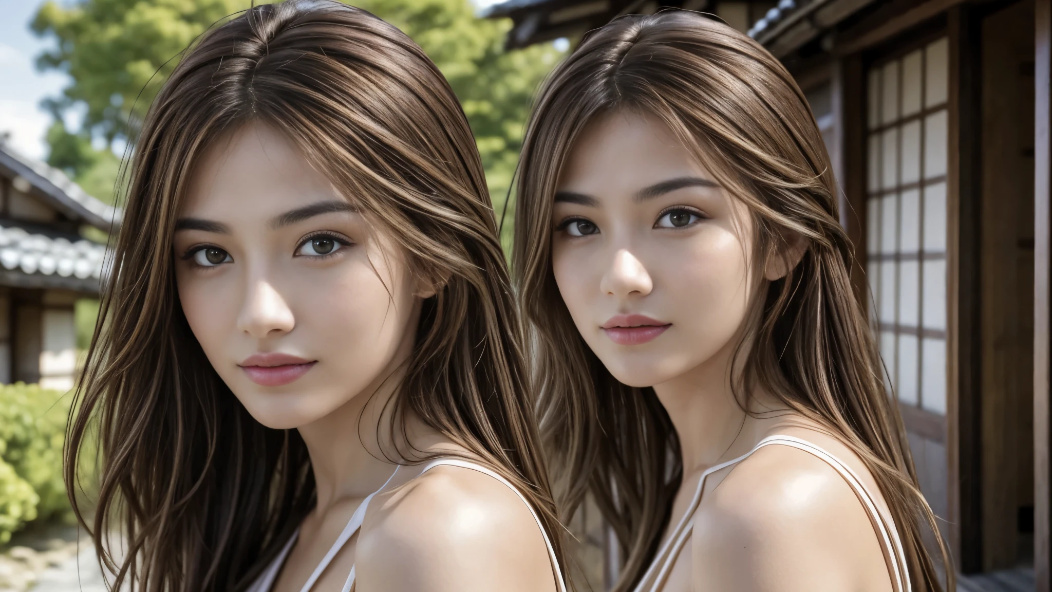 masterpiece, Best Quality, Photorealistic, Ultra-detailed, finely detailed, High resolution, 8K Wallpaper, 1 beautiful woman, light brown hair, sharp focus, Perfect dynamic composition, Beautiful detailed eyes, detailed hairs, Detailed realistic skin texture, Smiling, portrait, Model body type, Take a walk in the small village of Japan,