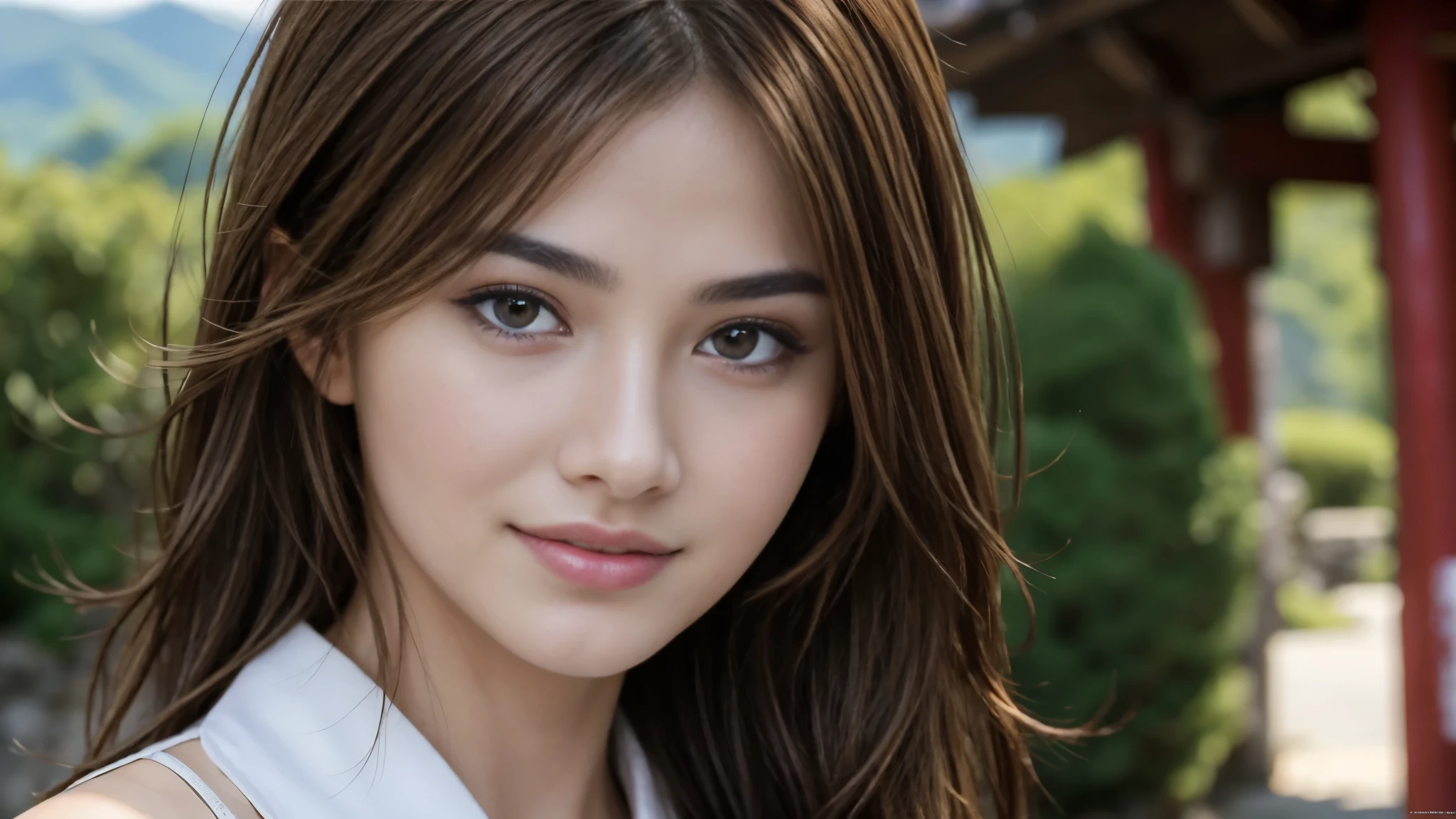 masterpiece, Best Quality, Photorealistic, Ultra-detailed, finely detailed, High resolution, 8K Wallpaper, 1 beautiful woman, light brown hair, sharp focus, Perfect dynamic composition, Beautiful detailed eyes, detailed hairs, Detailed realistic skin texture, Smiling, portrait, Model body type, Take a walk in the small village of Japan,