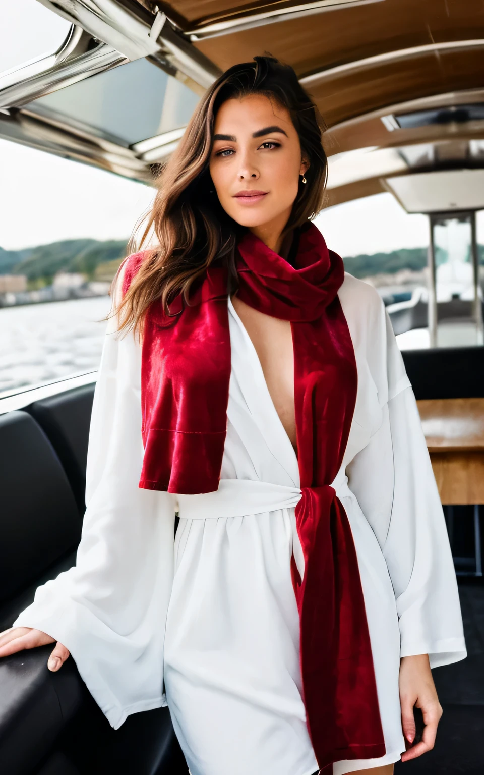 Une belle fille choisit une robe élégante rouge en velours à épaules dénudées et fendue jusqu'aux cuisses. A faux fur stole adds a touch of glamor. Ambiant: Le dîner-croisière est illuminé par de douces bougies, en naviguant sur les eaux hivernales. Le bruit des vagues douces et un cadre romantique. Elle a des cheveux bruns soyeux, Gros yeux marrons en amande, beau visage, regard vicieux, peau du visage brillante, sans impression, very beautiful Instagram model, Realistic image. composition dynamique, mouvement, ultra-detailed, incredibly detailed, beaucoup de détails, détails et coups de pinceau étonnants, lisse.