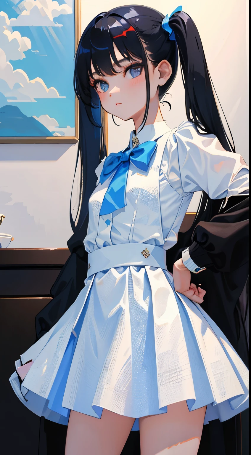 (short cute girl,small young student,young delicate girl),(masterpiece,Top quality),white skirt,long sleeve blouse,Light blue plaid skirt,long black hair, twin tails