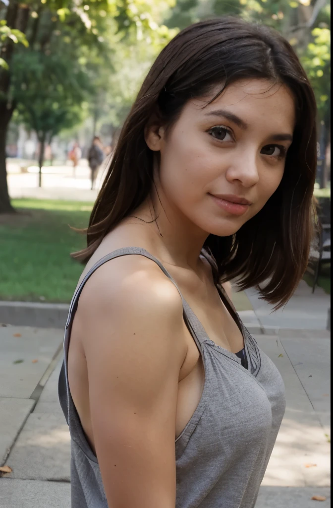 18 year old Latin girl, piel clara, hair straightened, ((((small breasts))) (((small person))) campo de flores, efecto bokeh, Luz natural, foto en primer plano, desenfocada, top-less, de pie coqueteando al espectador, Luz solar natural, sonrisa timida, bonitas piernas