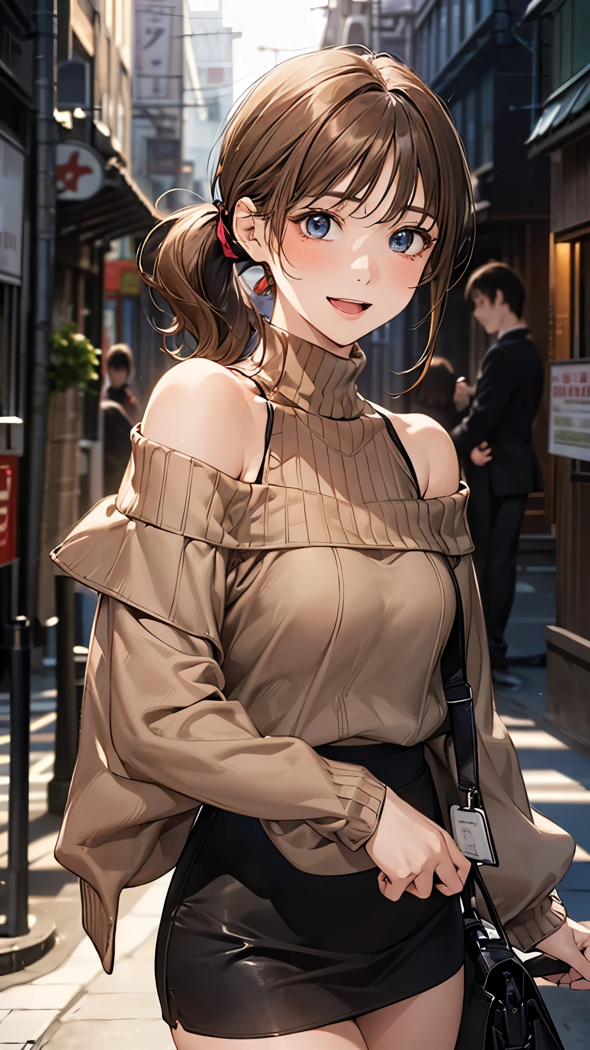 (masterpiece:1.2, top-quality), (realistic, photorealistic:1.4), beautiful illustration, (natural side lighting, movie lighting),
looking away, (face focus, upper body, from below), 1 girl, japanese, high school girl, 14 years old, perfect face, perfect body, cute and symmetrical face, shiny skin, babyface, tiny,
(short hair:1.5, (low ponytail):1.6, long sideburns, light brown hair), asymmetrical bangs, dark blue eyes, big eyes, drooping eyes, (middle breasts, seductive thighs, big ass),
beautiful hair, beautiful face, beautiful detailed eyes, beautiful clavicle, beautiful body, beautiful chest, beautiful thigh, beautiful legs, beautiful fingers,
(((off-shoulder light brown sweater), sleeveless black turtleneck sweater, brown tight mini skirt, ), emerald green hair ribbon),
(beautiful scenery), evening, (street), standing, (lovely smile, upper eyes, open mouth),