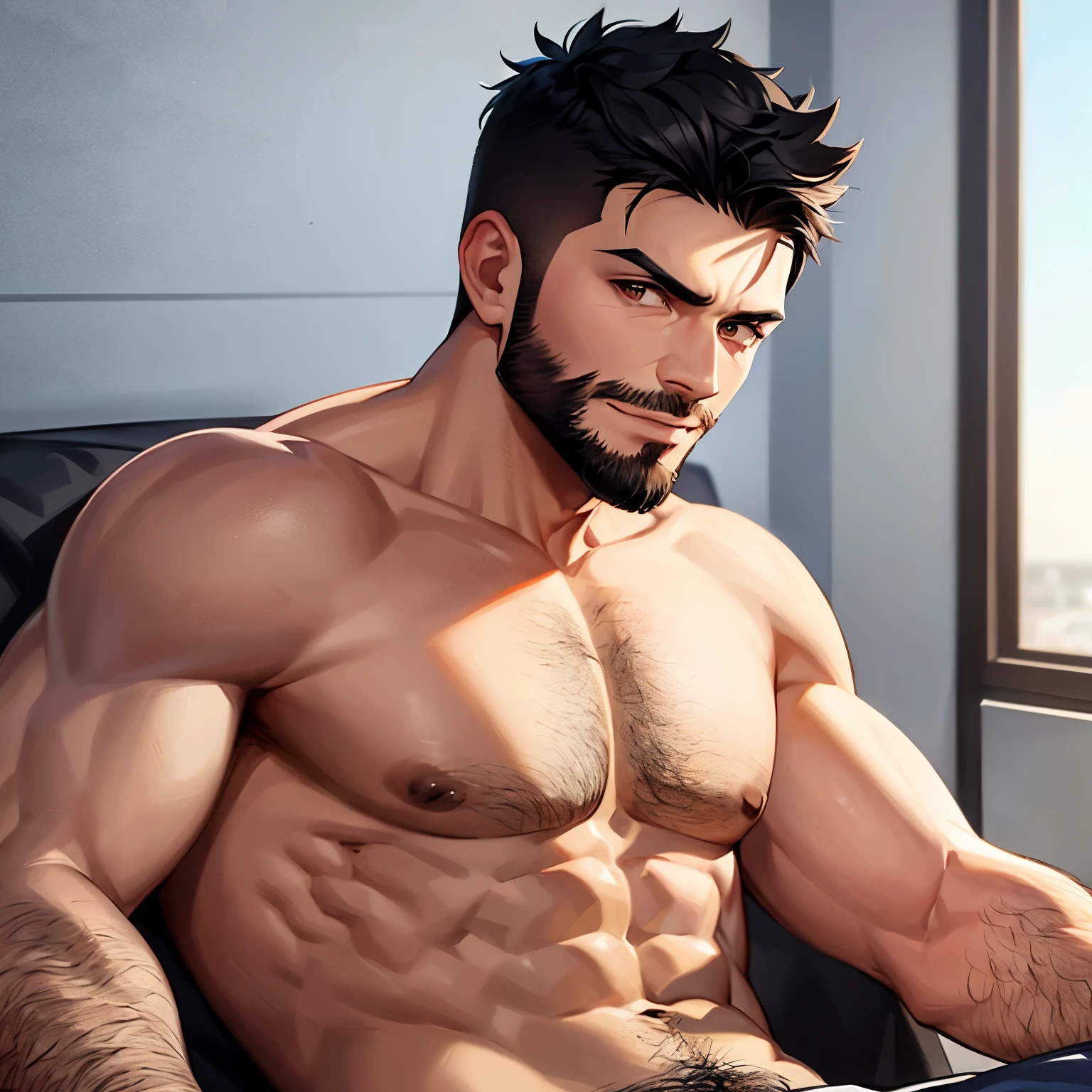 perfect face, handsome man, shirtless, black butch haircut,black balbo beard style, brown eyes,anime