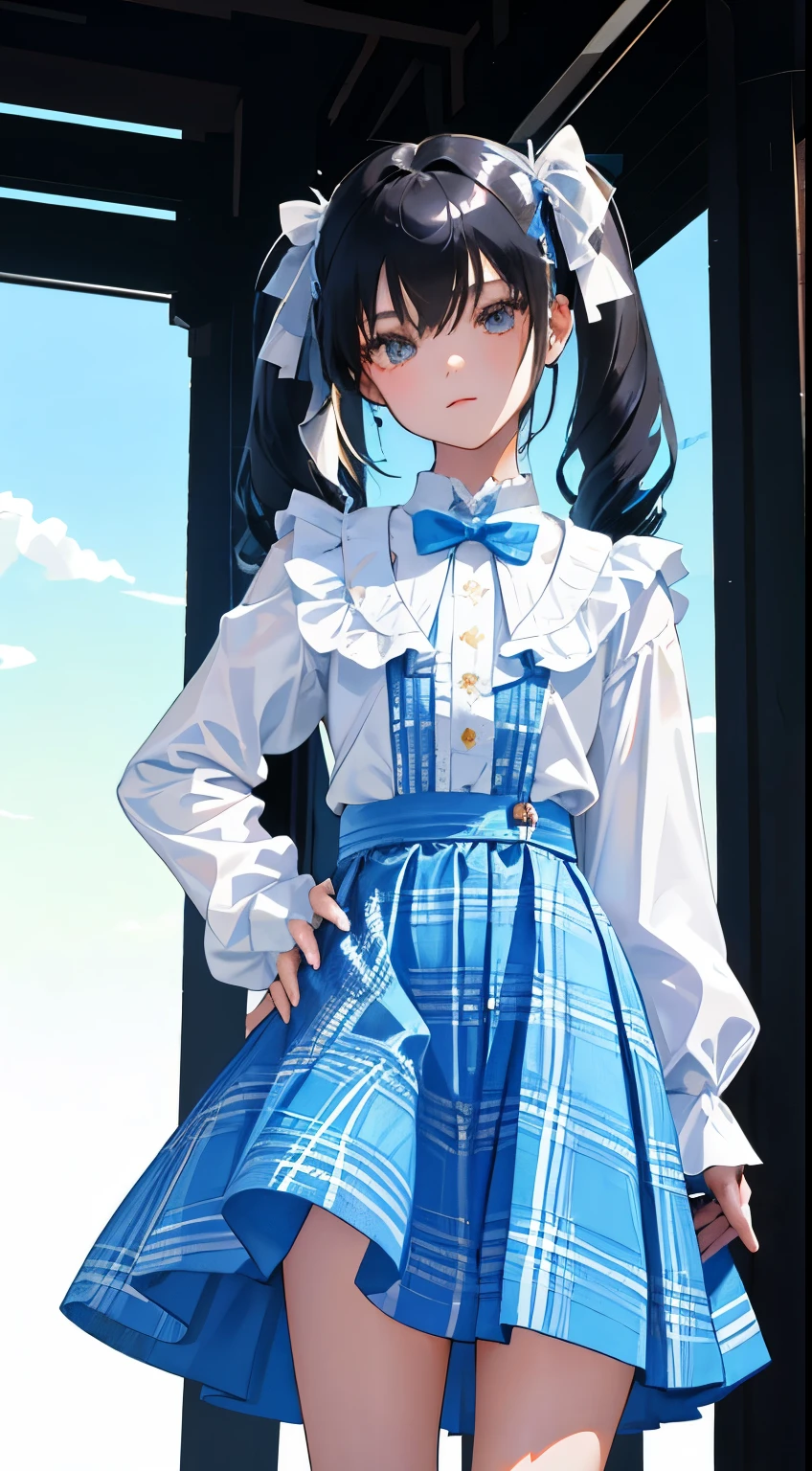 (short cute girl,small young student,young delicate girl),(masterpiece,Top quality),Light blue skirt,long sleeve blouse,White plaid skirt,long black hair, twin tails