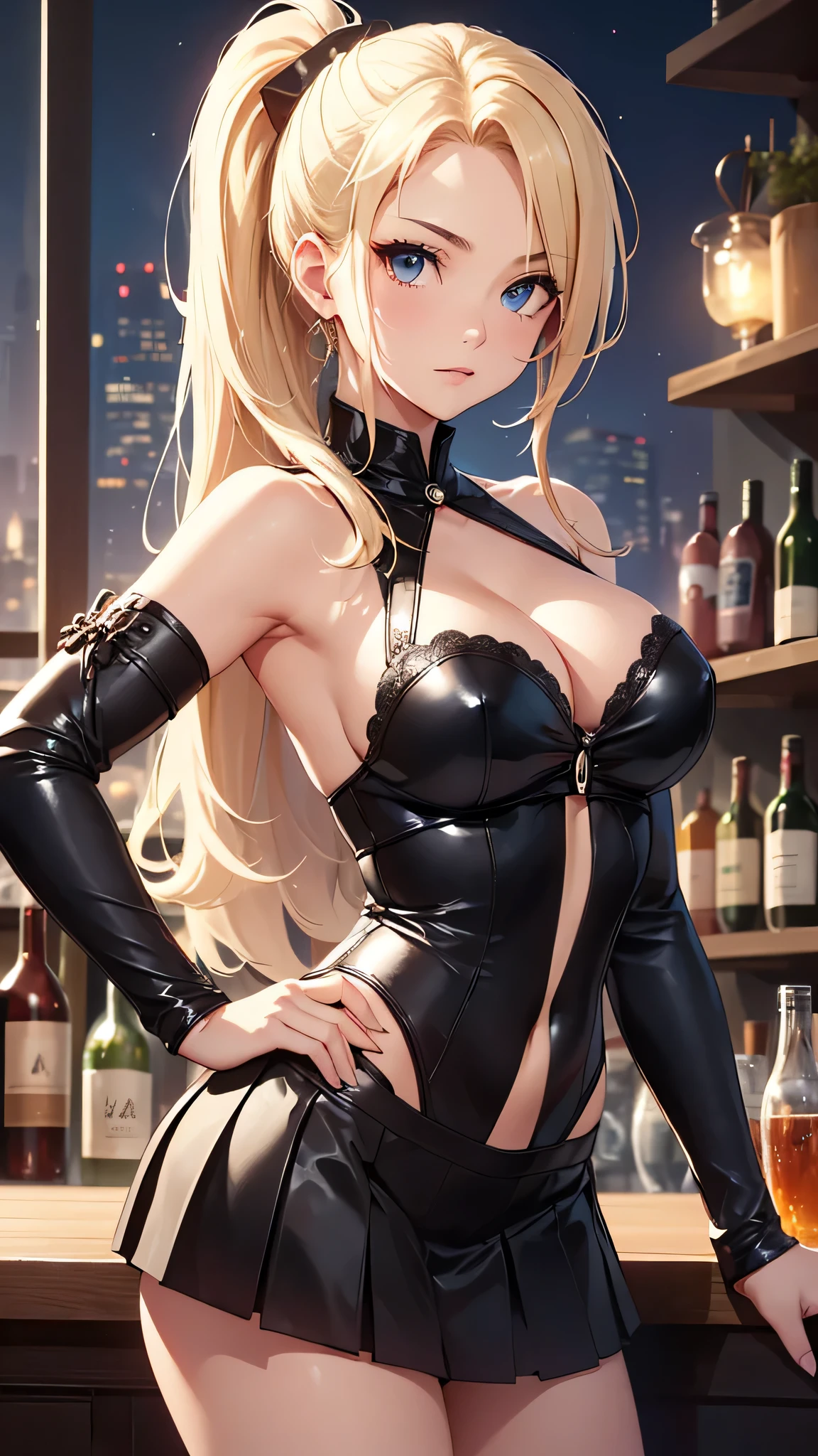 最high quality、best image quality、masterpiece、age girl((20-year-old、 By becoming、vest bust、medium bust,wide open breast tea、shining eyes, blonde hair、long hair、thin,highest valley、ponytail、Bartender costumes、mini skirt)),high quality、beautiful art、background((night bar))debris flies、Depth of written boundary、movie、visual art、perfect art、8k,genuine、