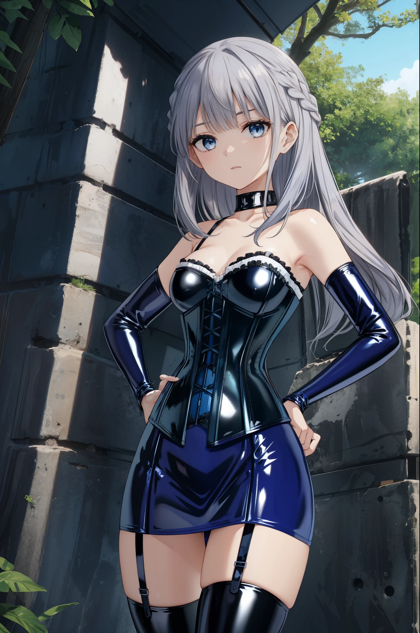 1 girl,Bangs Patsun,alone,Seat Blades,silver hair,very long hair,straight long hair,braid the hair above the ears、blue eyes,clavicle,put your hands on your hips,
outdoors,nature,, exquisite visuals, High resolution,masterpiece,highest quality,exquisite visuals,High resolution,masterpiece,highest quality,18-year-old,young woman,beautiful fingers,beautiful long legs,beautiful body,beautiful character design,BDSM、(((blue latex corset dress:1.4)))、(((Beautiful embroidery on the corset.)))、(((corset dress with shoulder straps)))、(((blue latex tight miniskirt:1.4)))、(((blue thigh boots)))、high heel boots、(((black latex bra)))、(((black latex panties)))、Black Thigh Boots、high heel boots、1 girl、No expression