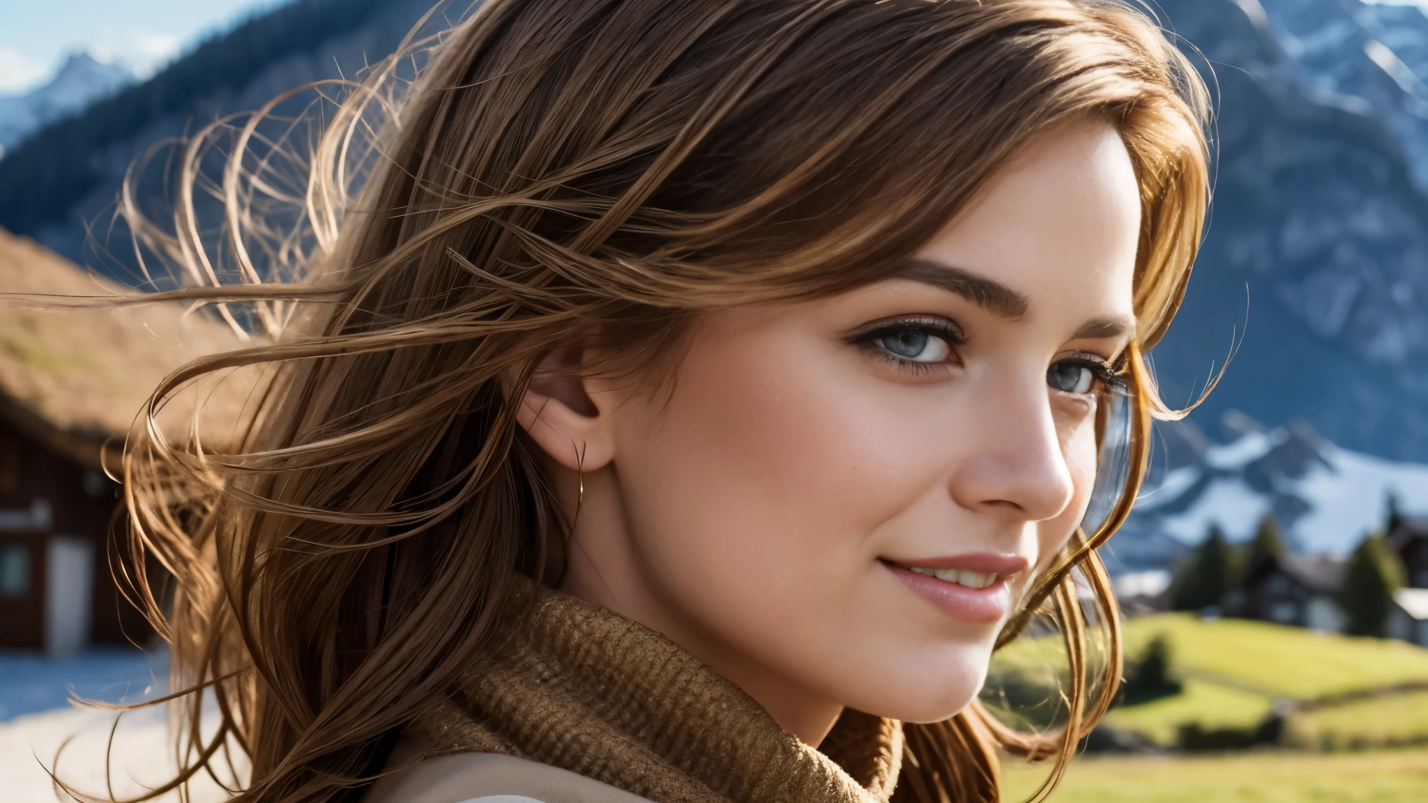 masterpiece, Best Quality, Photorealistic, Ultra-detailed, finely detailed, High resolution, 8K Wallpaper, 1 beautiful woman, light brown hair, Perfect dynamic composition, Beautiful detailed eyes, detailed hairs, Detailed realistic skin texture, Smiling, portrait, Model body type, The background is the village of Grindelwald, Switzerland,