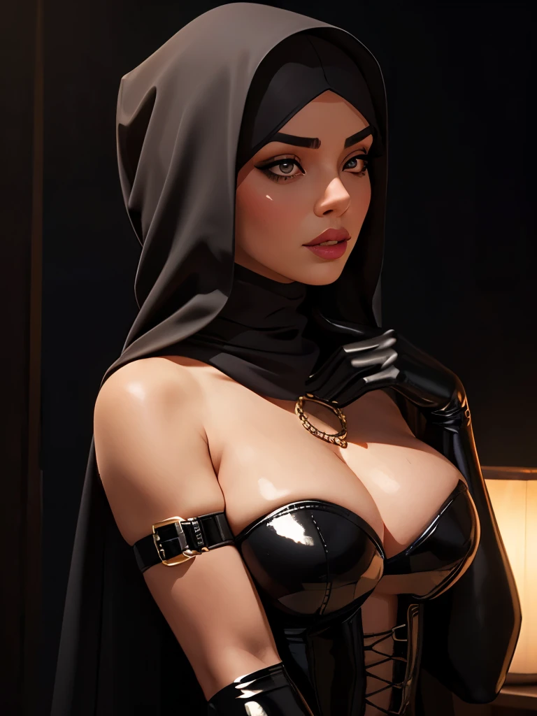(best quality,realistic,ultra-detailed),beautiful saudi woman,dominant face,seductive eyes,sexy abaya hijabi outfit,hourglass figure,dark hair,porcelain skin,feminine charm,intense gaze,sensual lips,alluring expression,confident posture,mysterious aura,subtle makeup,latex gloves,glossy high-heeled boots,leather corset,whip in hand,provocative pose,erotic atmosphere,plus size body,dark background,dramatic lighting,submissive attitude,seductive aura,colorful lighting,dominance and submission theme.