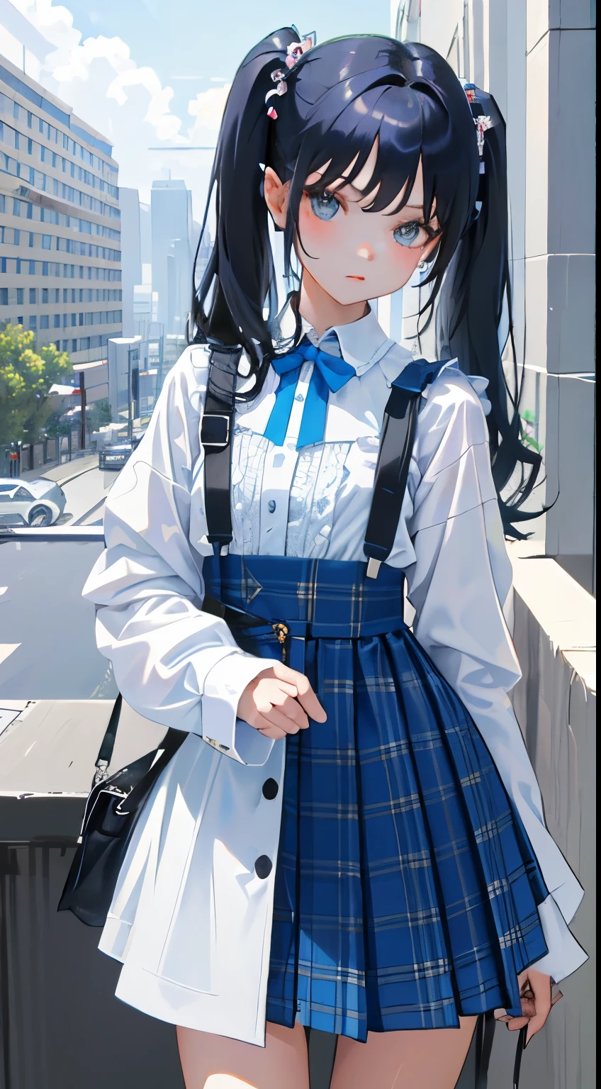 (short cute girl， young studeg delicate girl）,（masterpiece，Top quality)，long sleeve blouse，light blue plaid，long black hair, white skirt，twin tails