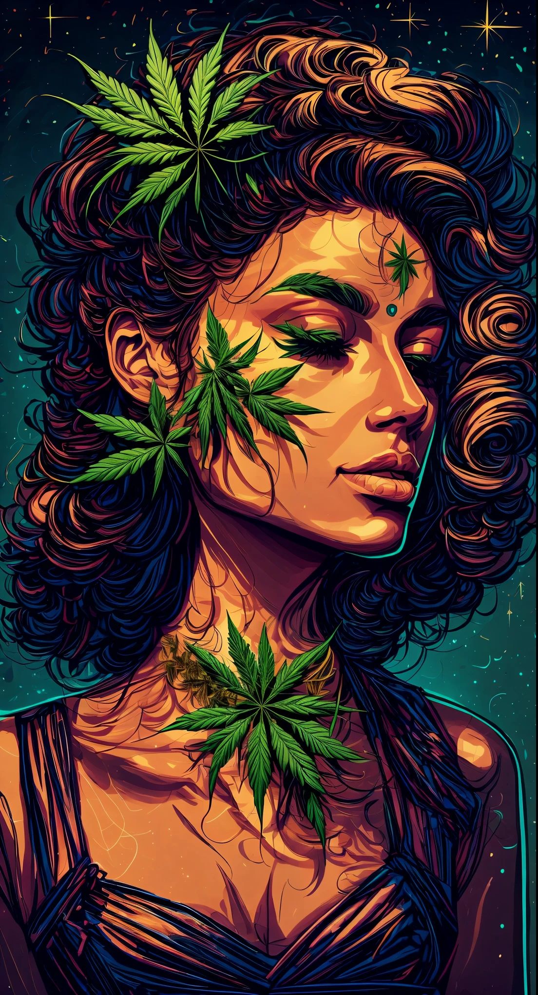 A closeup of a woman with a marijuana leaf on her head, personification of marijuana, Jen Bartel, maconha!, Tema Maconha, in illustration style digital, inspirado por Mary Jane Begin, extremely high quality artwork, matte digital illustration, Maria Jane, asymmetrical marijuana, maconha, Arte Digital. @mariomaniacdude, erva daninha, paranoia da cannabis
