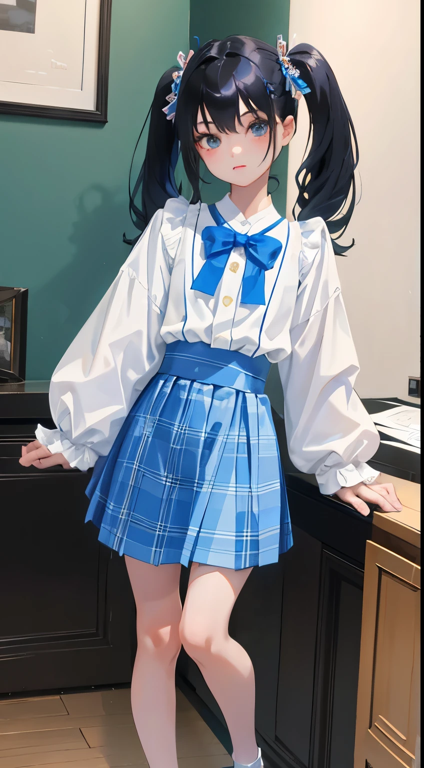 (short cute girl，small young student，young delicate girl）,（masterpiece，Top quality)，long sleeve blouse，light blue plaid，long black hair, white skirt，twin tails