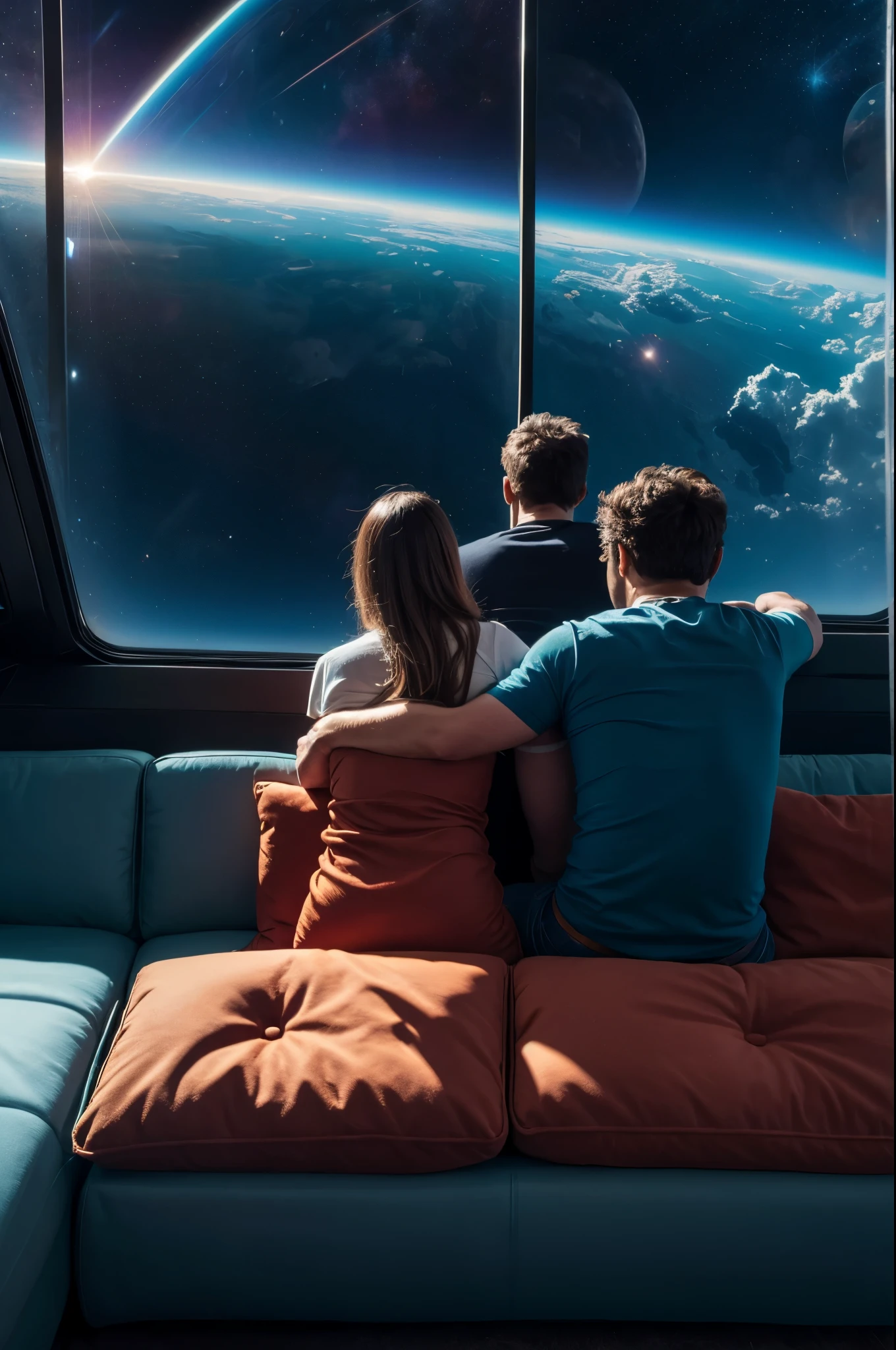 family on sofa on back view ,flying sofa in space ,sofa in cosmos, a family sit on the sofa ,family watch in cosmos, the sofa is on back view, sofa in space ,realistic bodies, 8k,