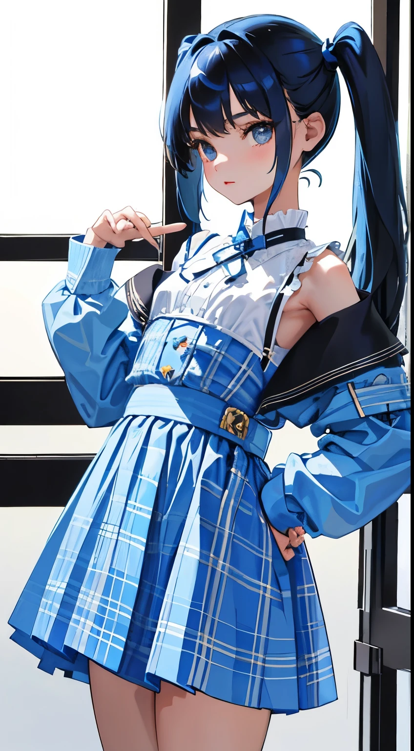 (short cute girl, young studeg delicate girl),(masterpiece,Top quality),long sleeve blouse,light blue plaid,long black hair, white skirt,twin tails