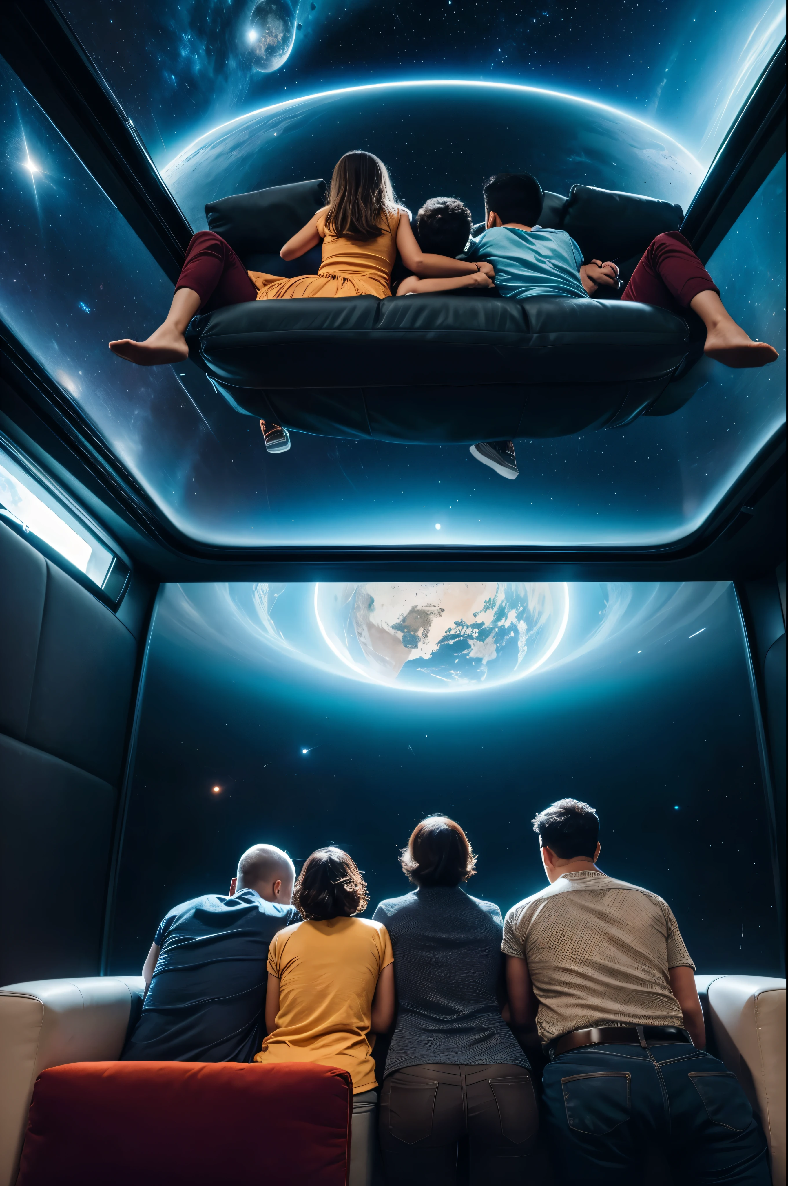 family on sofa on back view ,flying sofa in space ,sofa in cosmos, a family sit on the sofa ,family watch in cosmos, the sofa is on back view, sofa in space ,realistic bodies, 8k,