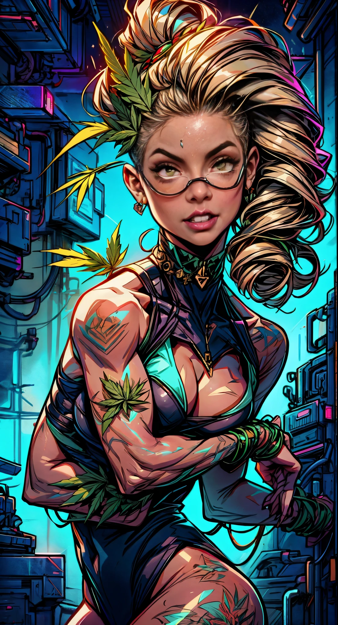 A closeup of a woman with a marijuana leaf on her head, personification of marijuana, Jen Bartel, maconha!, Tema Maconha, in illustration style digital, inspirado por Mary Jane Begin, extremely high quality artwork, matte digital illustration, Maria Jane, asymmetrical marijuana, maconha, Arte Digital. @mariomaniacdude, erva daninha, paranoia da cannabis