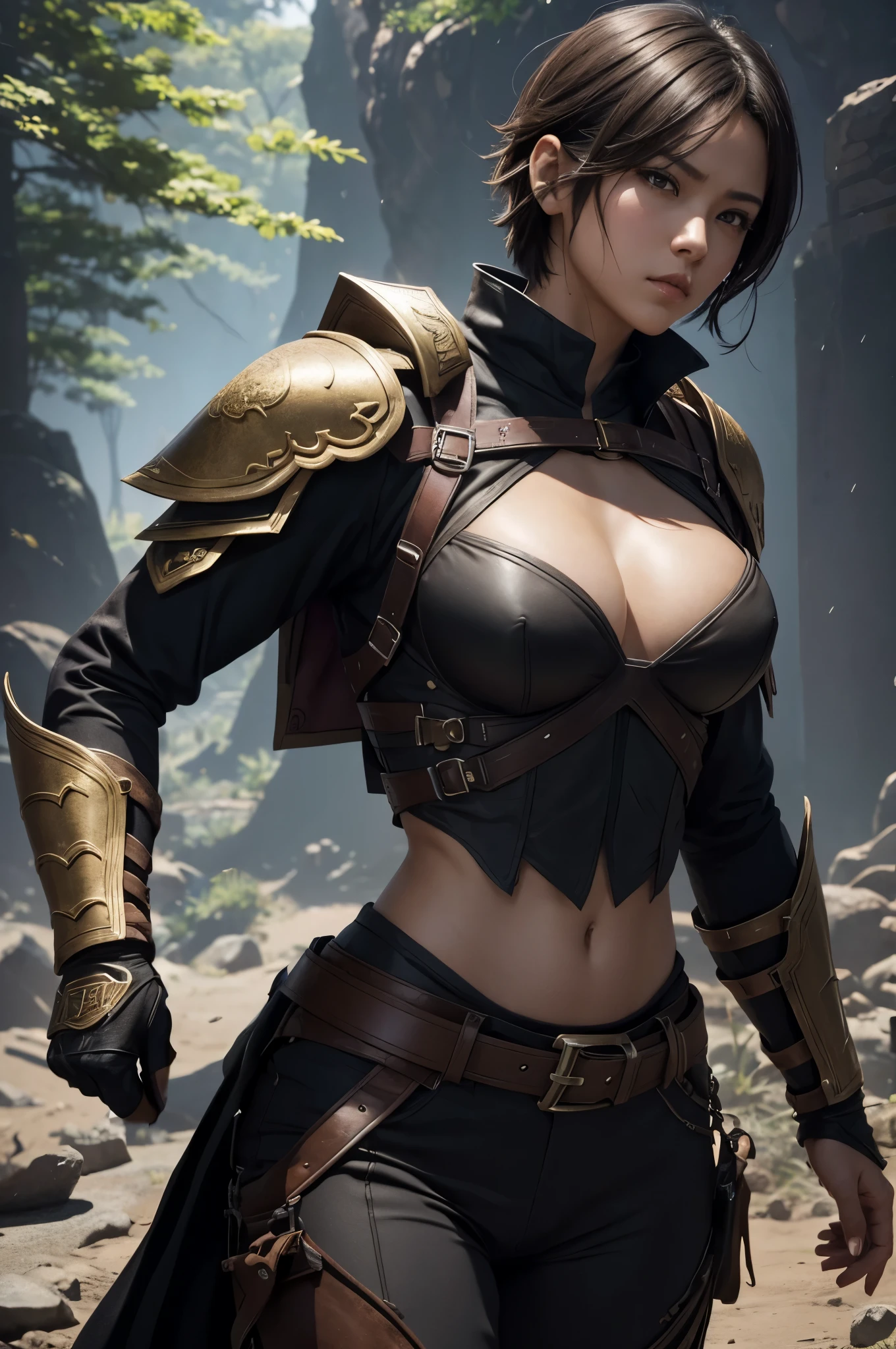 8k,adventure者の衣装,Travel through the dusty wilderness,light brown short cut hair,super beautifulな日本の女性, black dragon big chest chest armor,super beautiful(like the real thing),left shoulder armor,black combat pants,sexy,deviantart artstation cgscosiety, 3Dレンダリングcharacter art8 K, Alena Aenami and Artgerm, Wojtek Fuss, Trending in Artstation 8k, Trending with Art Station HD, Adventure ultra-realistic rendering, Perfect body with realistic shading, photorealistic perfect body, ultra high resolution,high quality,sexy,brown short hair,strongly cracked abdominal muscles,muscular slim body,muscular slender lower body,Close-up,masterpiece,最high qualityのフォトリアリスティックなRAW写真。bright colors,rich colors, Backlight, cinematic lighting, film grain, to be born, 50mm lens, Nikon D850,realistic skin,fantasy art,character art,sharp gaze,adventure,Holds a long and large Japanese sword,brown combat jacket,black dragon gauntlet,