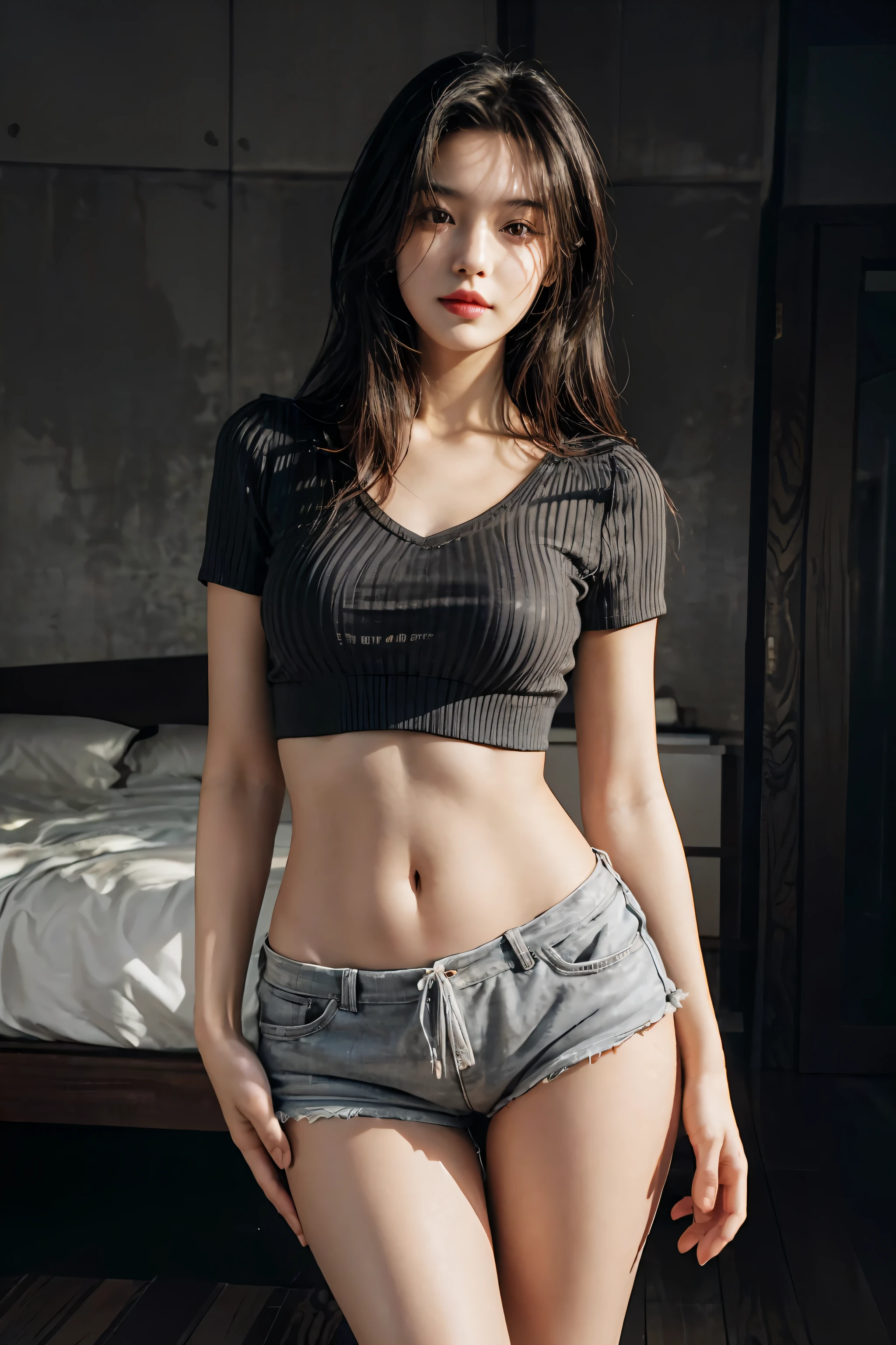 Best Quality, Masterpiece, High Resolution, 8K, (Realistic: 1.4), Ultra High Resolution, 1 Girl, Ultra Detailed, Surreal, Highly Detailed CG Illustration, Official Art, Cinematic Light, Reality, Young Beautiful Girl, Perfect Figure, Perfect Figure, Full View, Perfect Body, (Starting below: 1.3), Mask, Pose, y Long Legs, Confident, Beautiful SexGrey Short Sleeves, Open Abdomen, Black Super Shorts, S-shaped Body, Upturned Hips, Assumi Posing, Different Perspectives