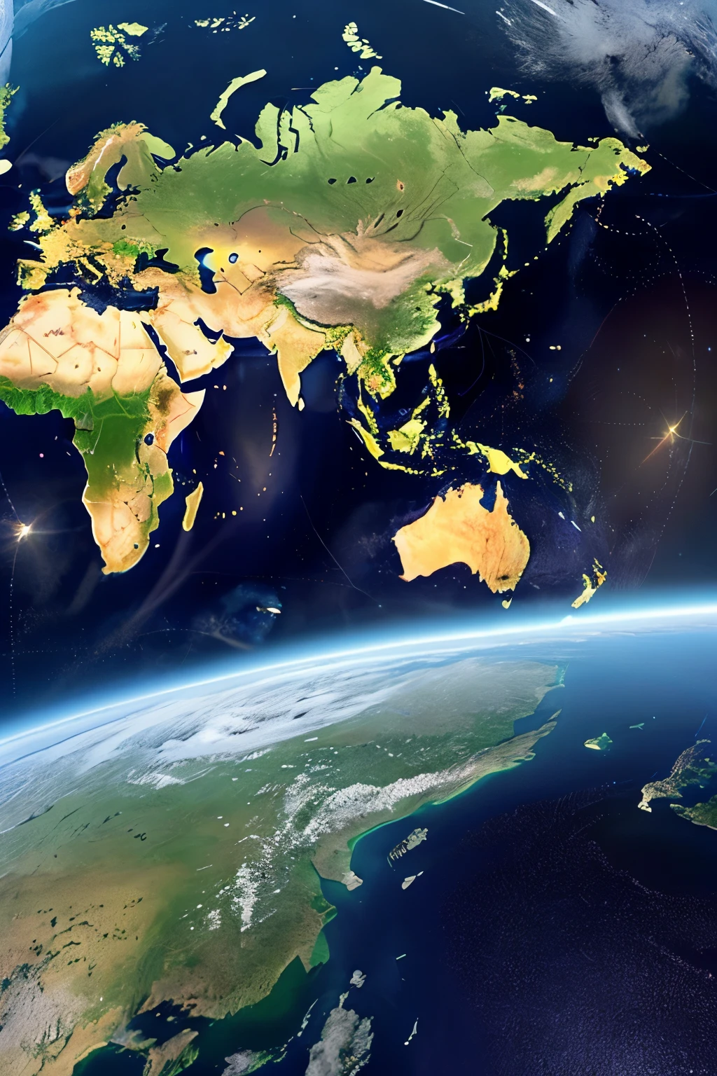 Please draw a more concrete, high-resolution world in which network space, including the world of the Internet, is visible in outer space, including the earth.