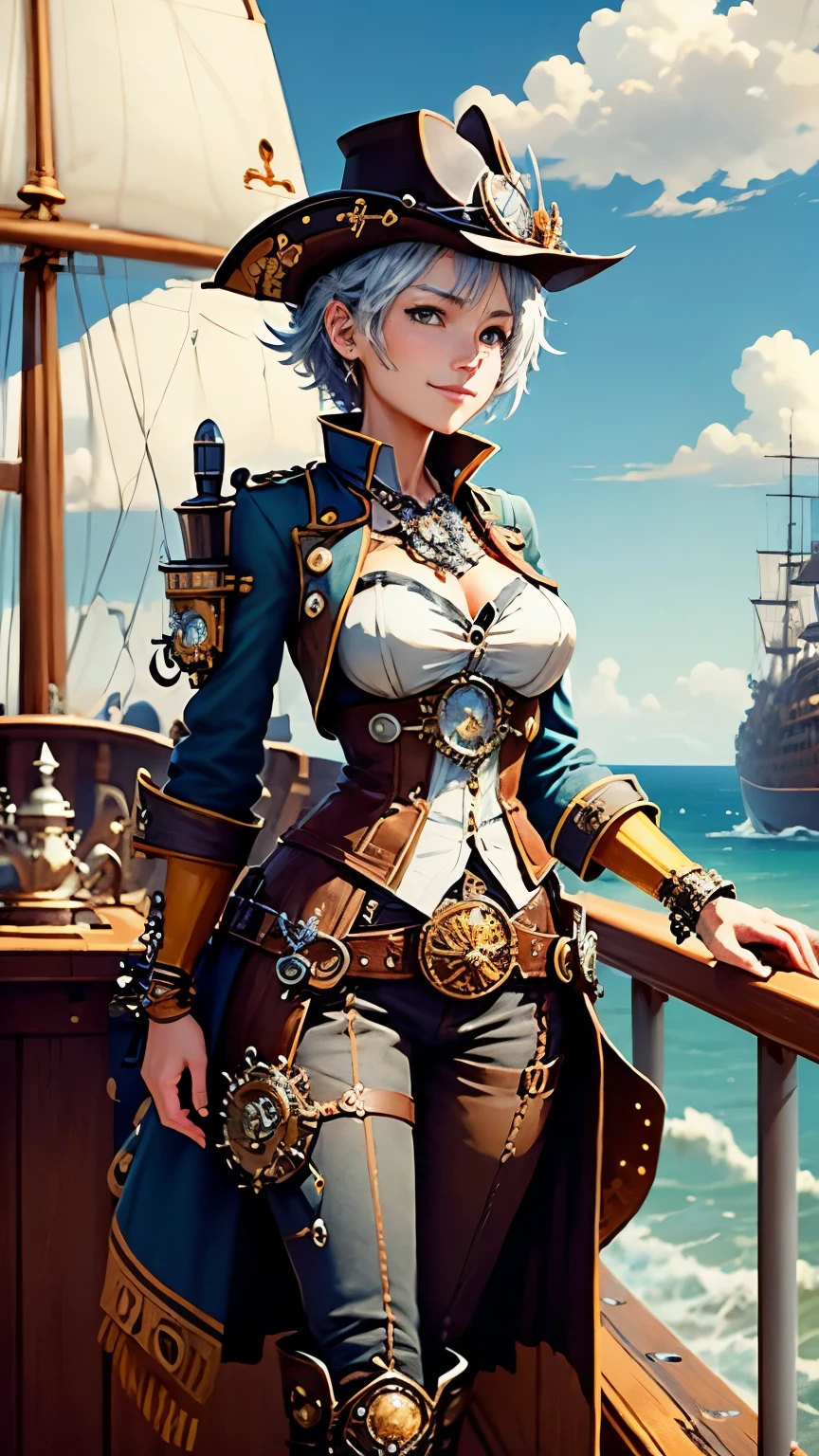 steampunkai。highest quality。masterpiece。detailed details。one woman。steampunk pirate captain。cool woman。silver short hair。walk on the deck of a steamship。walk with one&#39;s shoulders straight。smile。The background is blue sky and white clouds。